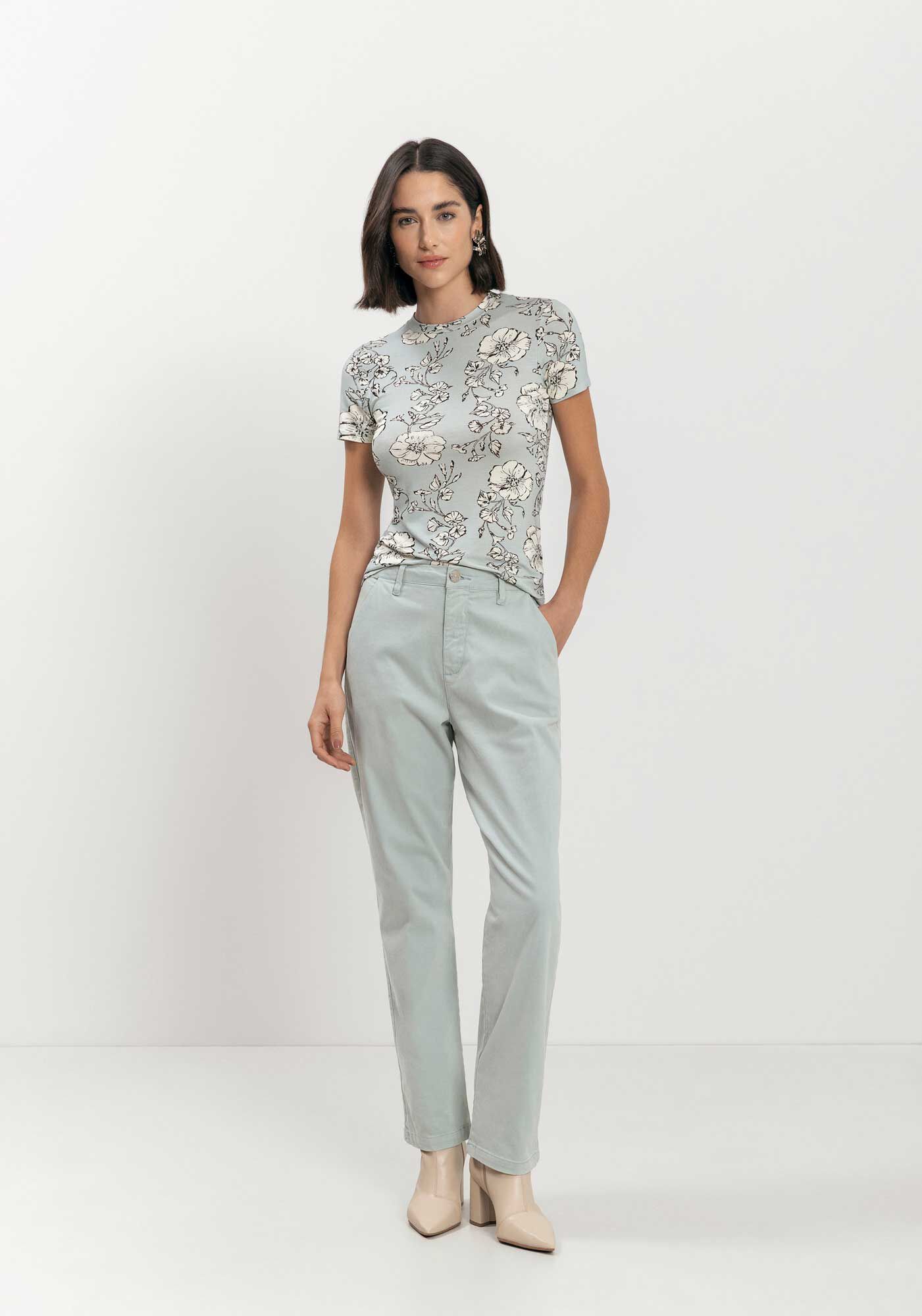 Blusa De Mangas Curtas Estampada Em Malha Com Elastano, , large.