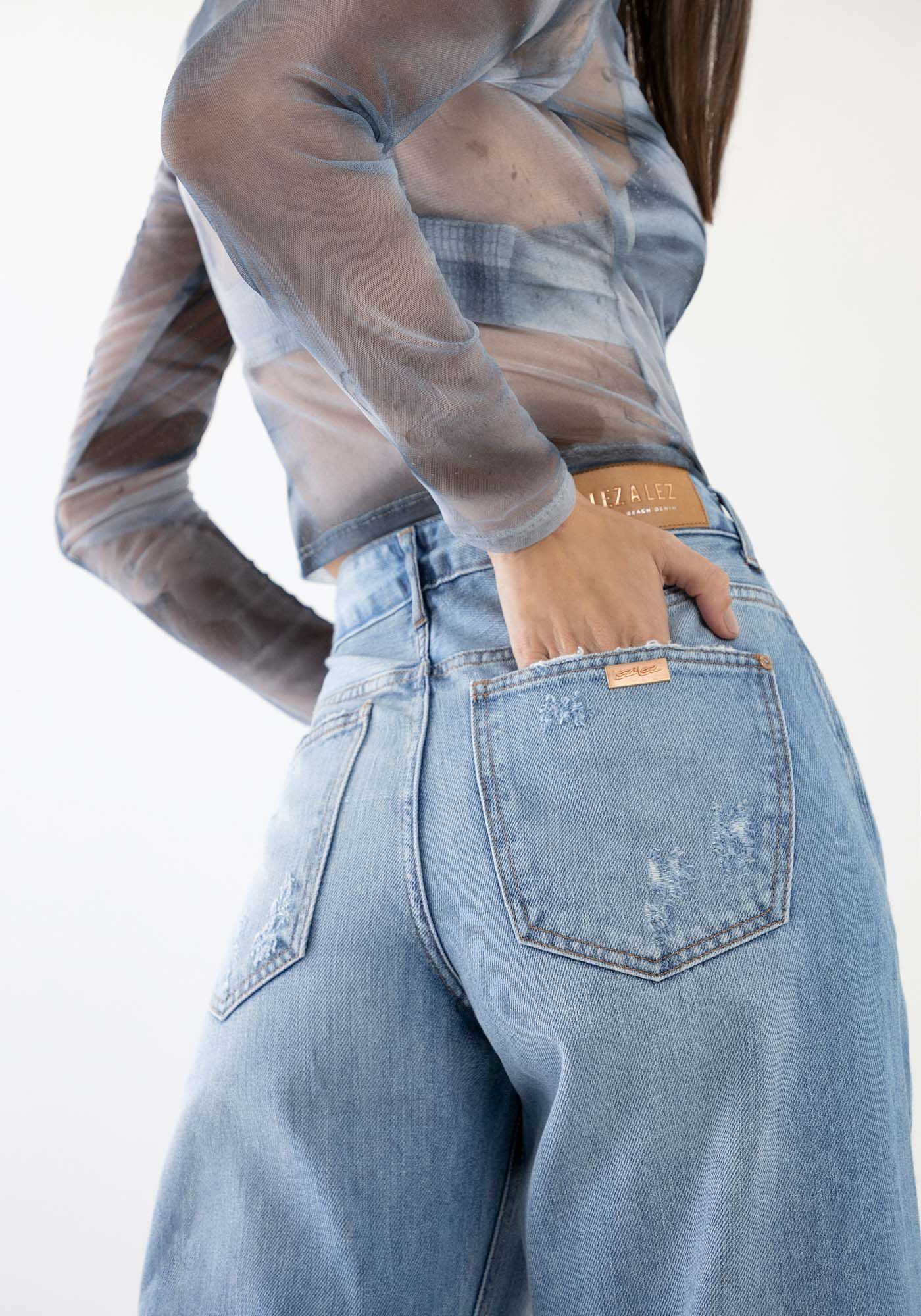 Cal&ccedil;a Jeans Wide Leg Cintura Baixa Estonada, , large.