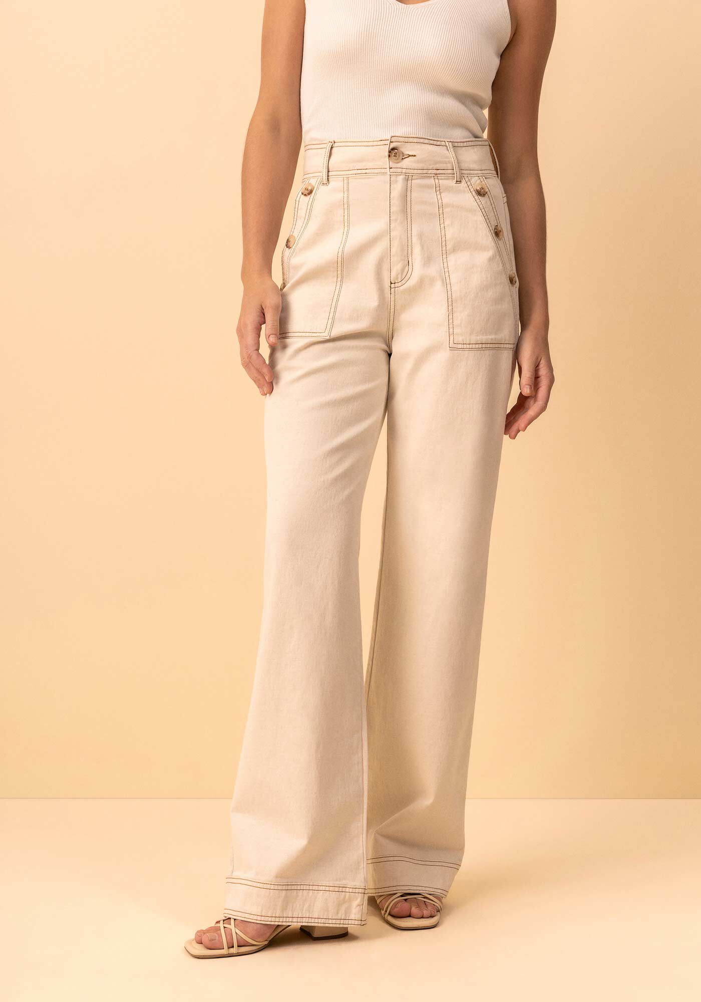 Cal&ccedil;a Wide Leg De Cintura Alta Com Bot&otilde;es Em Sarja E Linho, NATURAL, large.