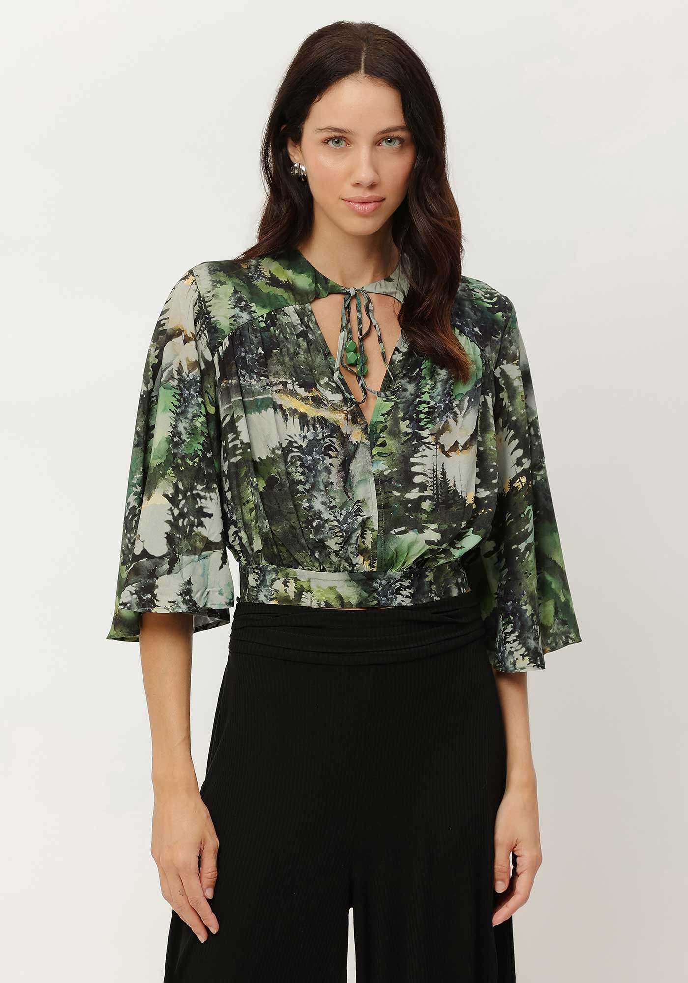 Blusa Cropped Estampada com Manga Flare, , large.