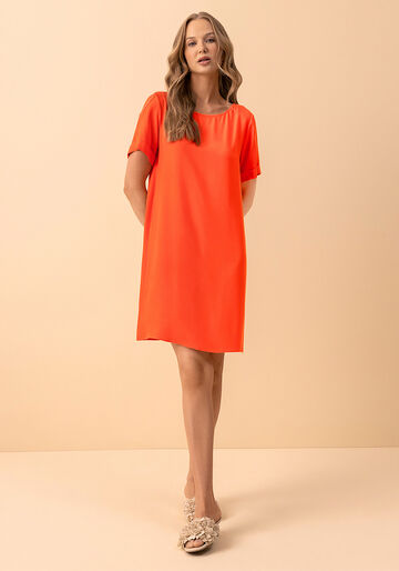 Vestido Curto Básico De Mangas Curtas Com Bordado Localizado, LARANJA PAIXAO. Vestido Curto Básico De Mangas Curtas Com Bordado Localizado, LARANJA PAIXAO, large.