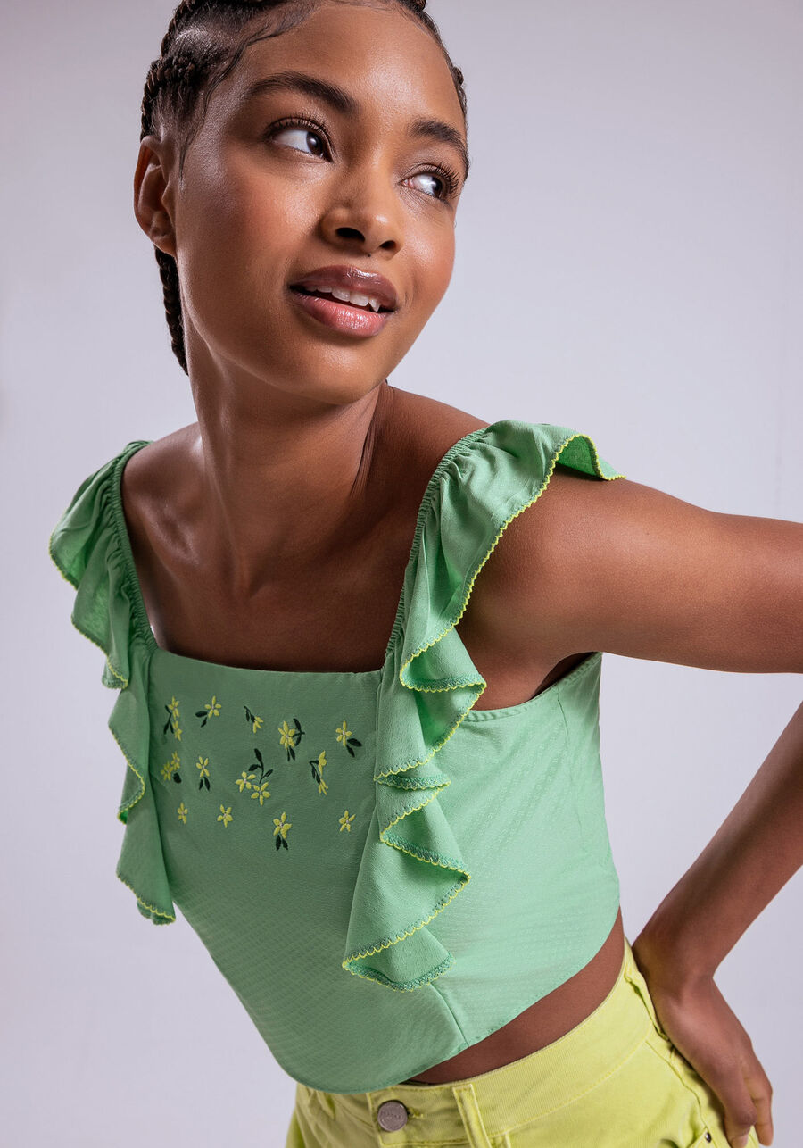 Blusa Cropped com Babados e Bordado, . Blusa Cropped com Babados e Bordado, , large.