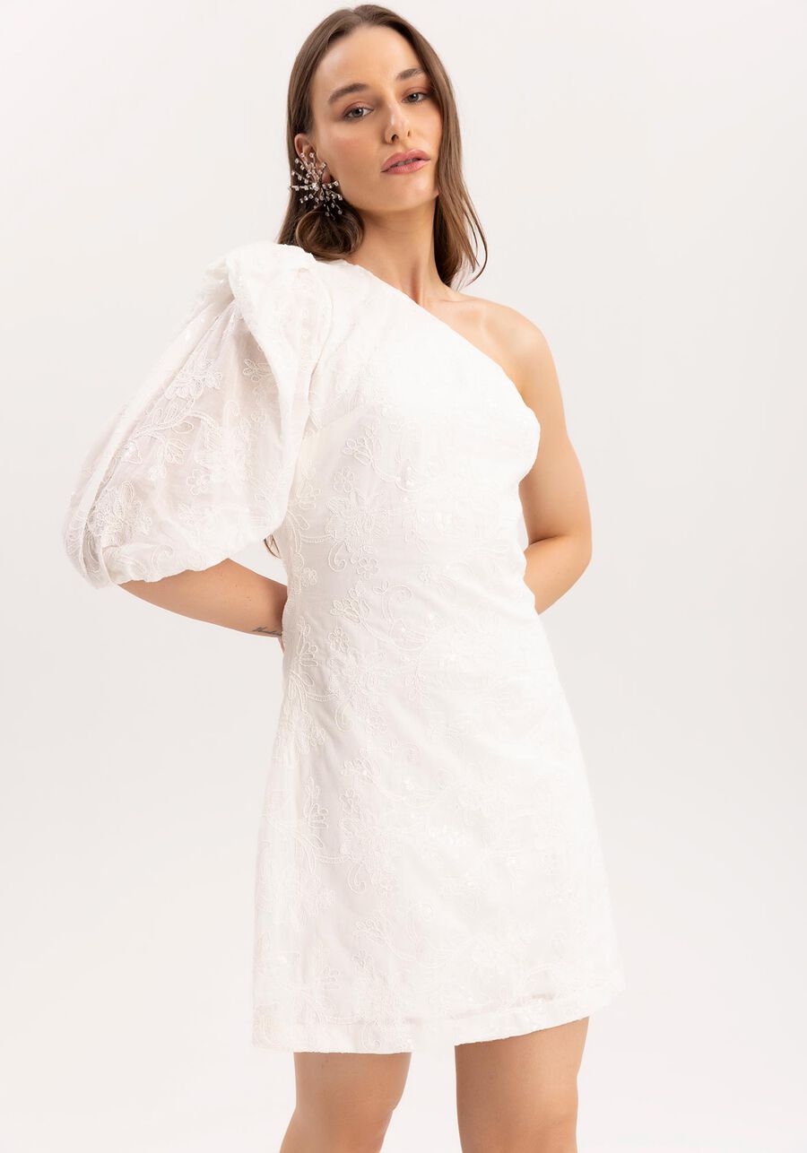 Vestido Curto Um Ombro Só em Tecido Bordado Paetês, BRANCO OFF WHITE. Vestido Curto Um Ombro Só em Tecido Bordado Paetês, BRANCO OFF WHITE, large.