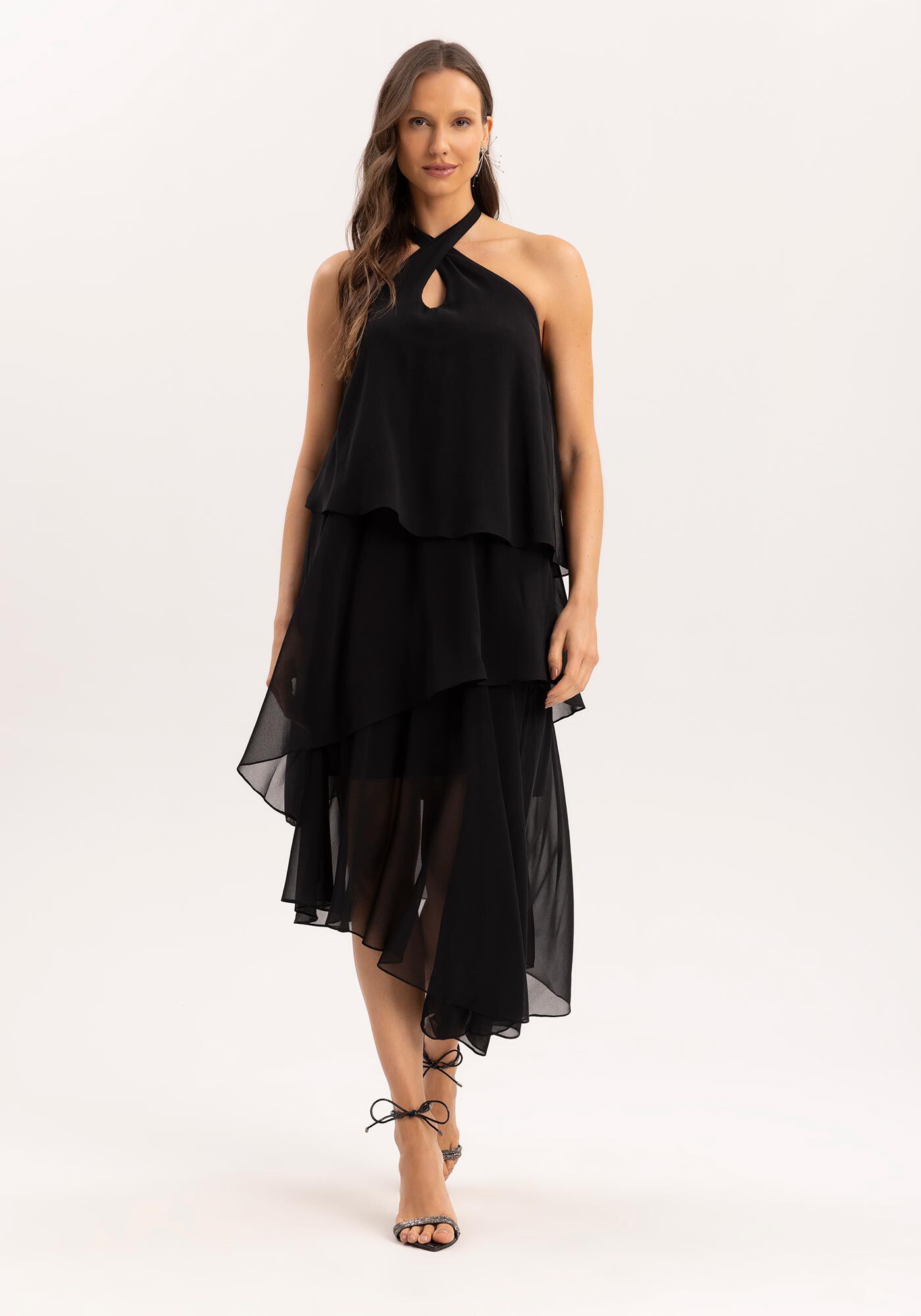 Vestido Frente &Uacute;nica Midi em Chiffon com Babados, , large.