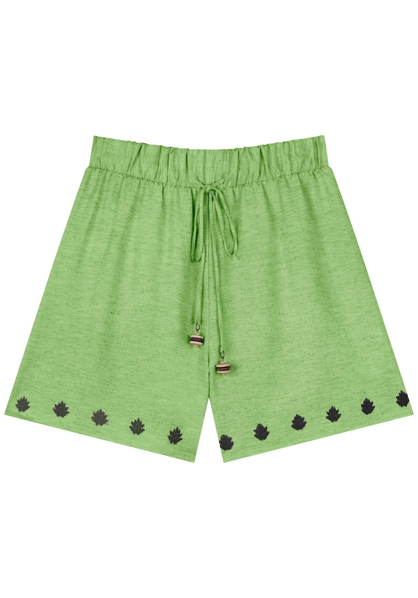 Shorts De Cintura Alta Com Cadar&ccedil;o E Barras Bordadas, VERDE SABEDORIA, large.