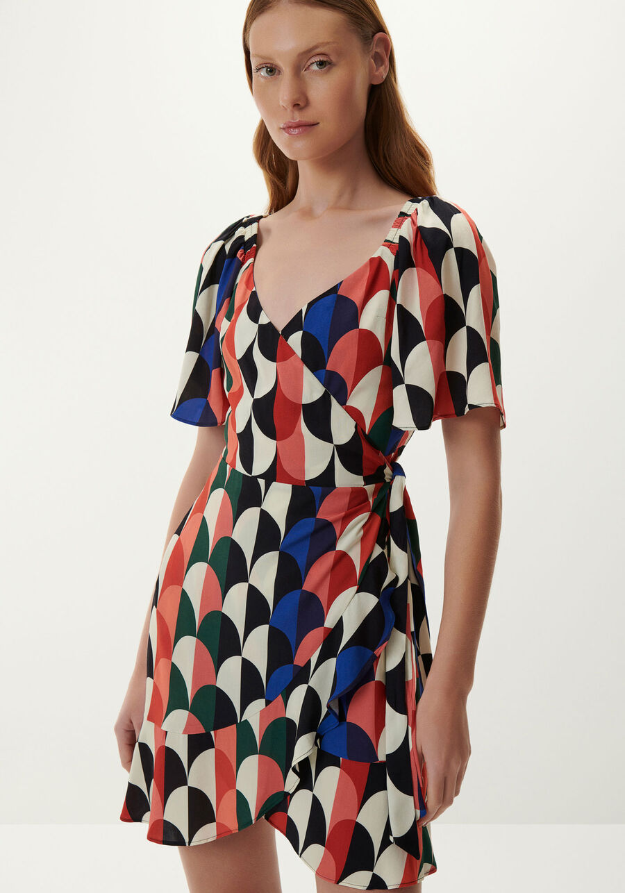 Vestido Curto Estampado em Viscose Transpassado, . Vestido Curto Estampado em Viscose Transpassado, , large.