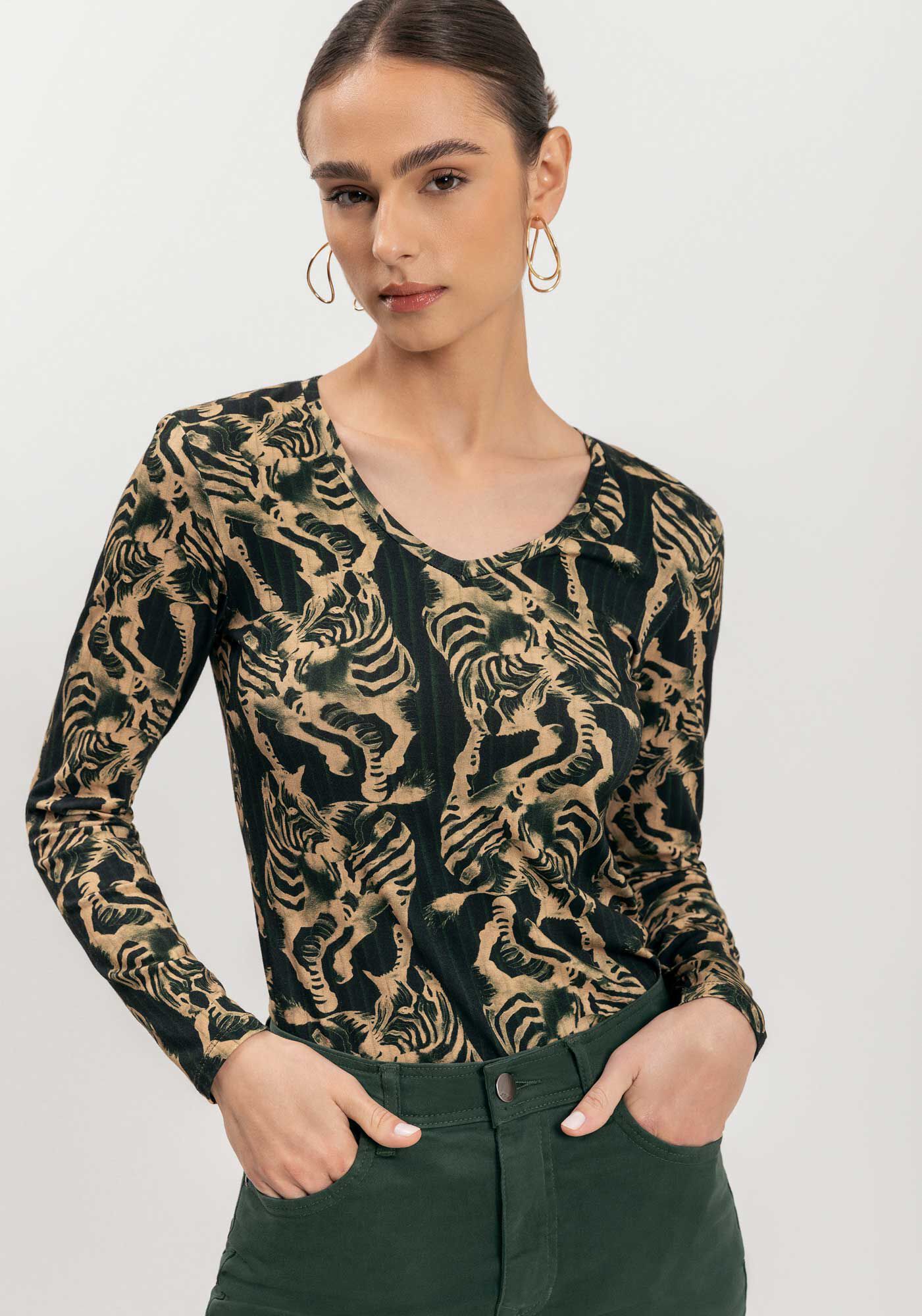 Blusa Estampada De Mangas Longas Em Malha De Viscose, ZEBRA PLISSE VERDE, large.