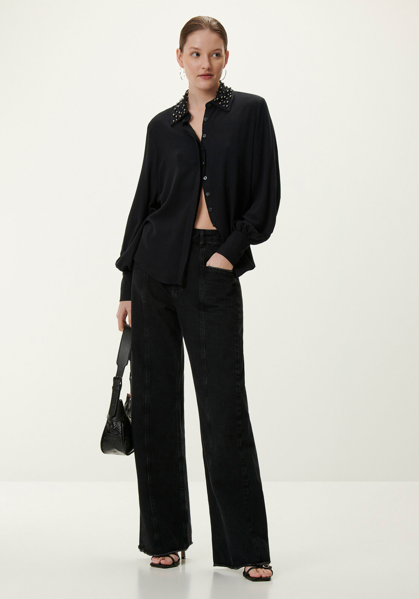 Camisa Manga Longa Bufante com P&eacute;rolas Gola, , large.