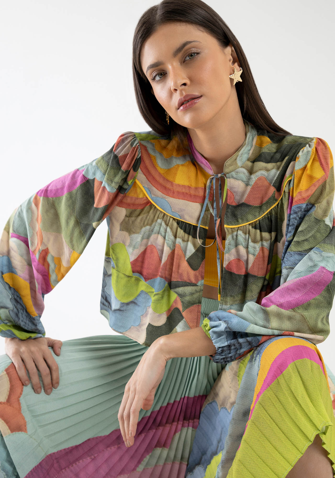 Blusa Cropped Manga Bufante com Top Reto, , large.