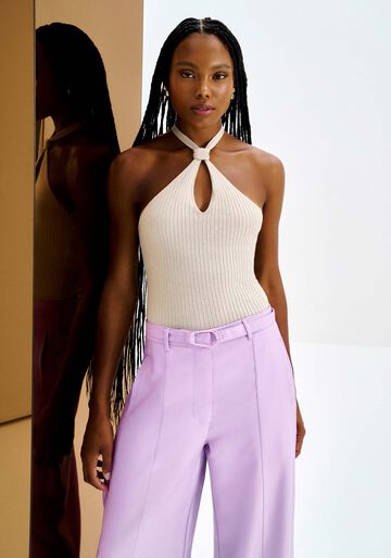 Blusa Frente Única em Tricô com Cut, BEGE CAQUI. Blusa Frente Única em Tricô com Cut, BEGE CAQUI, large.