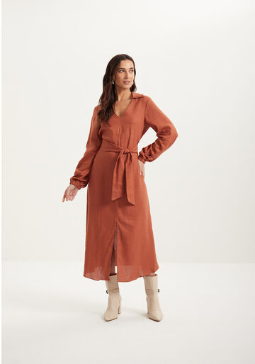 Vestido Midi Chá Em Linho E Viscose Com Faixa Ajustável, MARROM MUSTANG. Vestido Midi Chá Em Linho E Viscose Com Faixa Ajustável, MARROM MUSTANG, large.