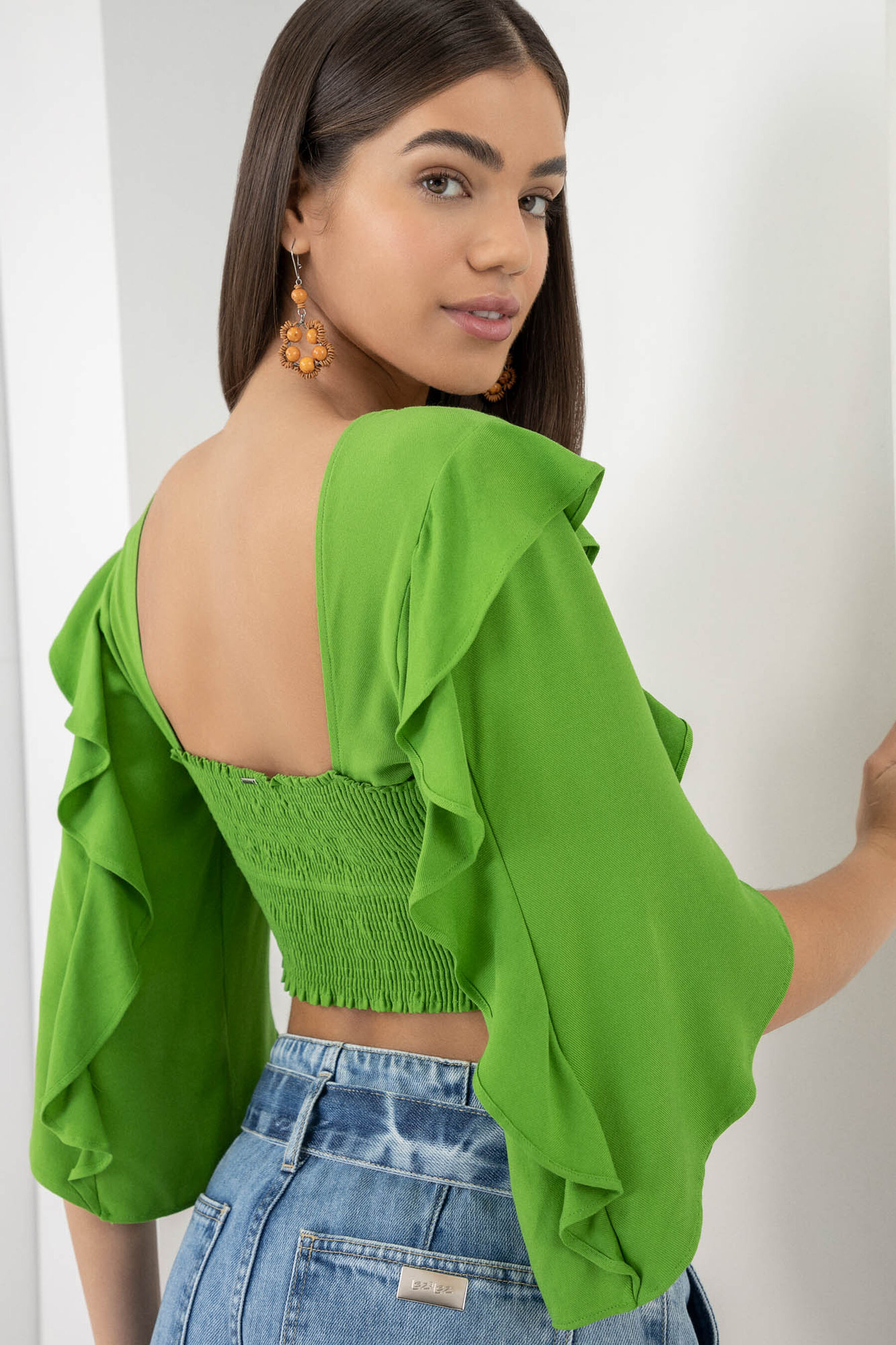 Blusa Decote Quadrado com Babado Manga, VERDE MONTANHA. Blusa Decote Quadrado com Babado Manga, VERDE MONTANHA, large.