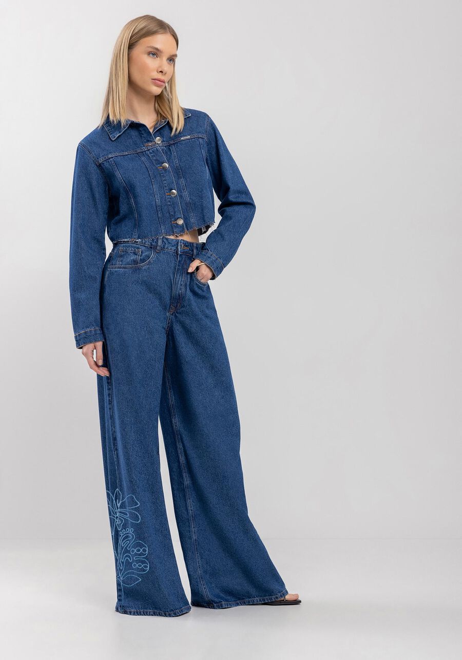 Calça Super Wide Leg Jeans Com Bordado E Cintura Alta, JEANS. Calça Super Wide Leg Jeans Com Bordado E Cintura Alta, JEANS, large.