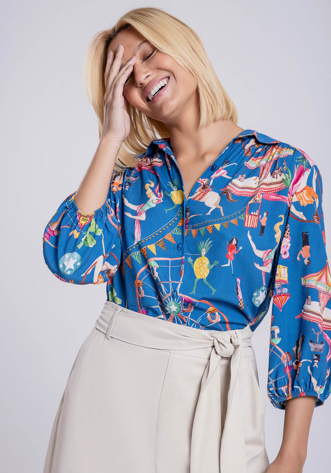 Camisa Ampla em Viscose com Manga Bufante, PARQUE DE DIVERSOES, large.