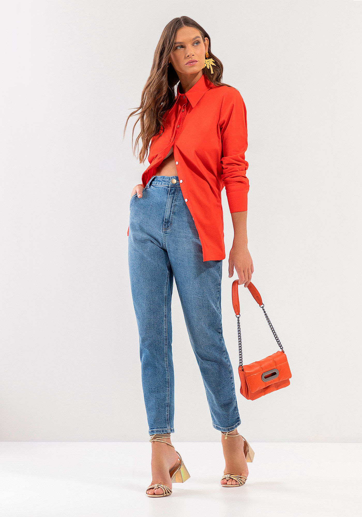 Cal&ccedil;a Jeans Mom Super Alta com Detalhe Bolso, JEANS, large.