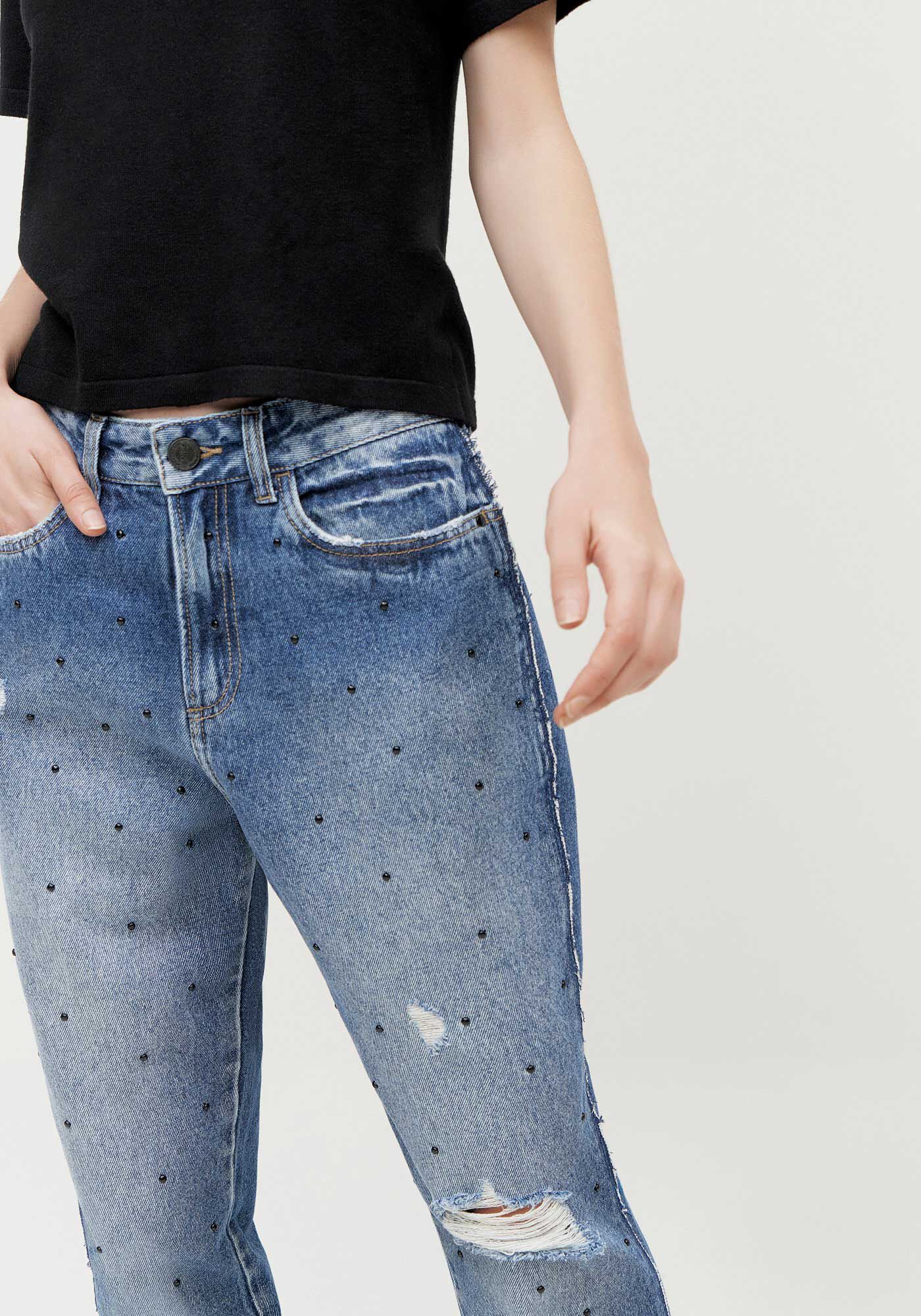 Cal&ccedil;a Jeans Mom Cintura Alta com Strass, , large.