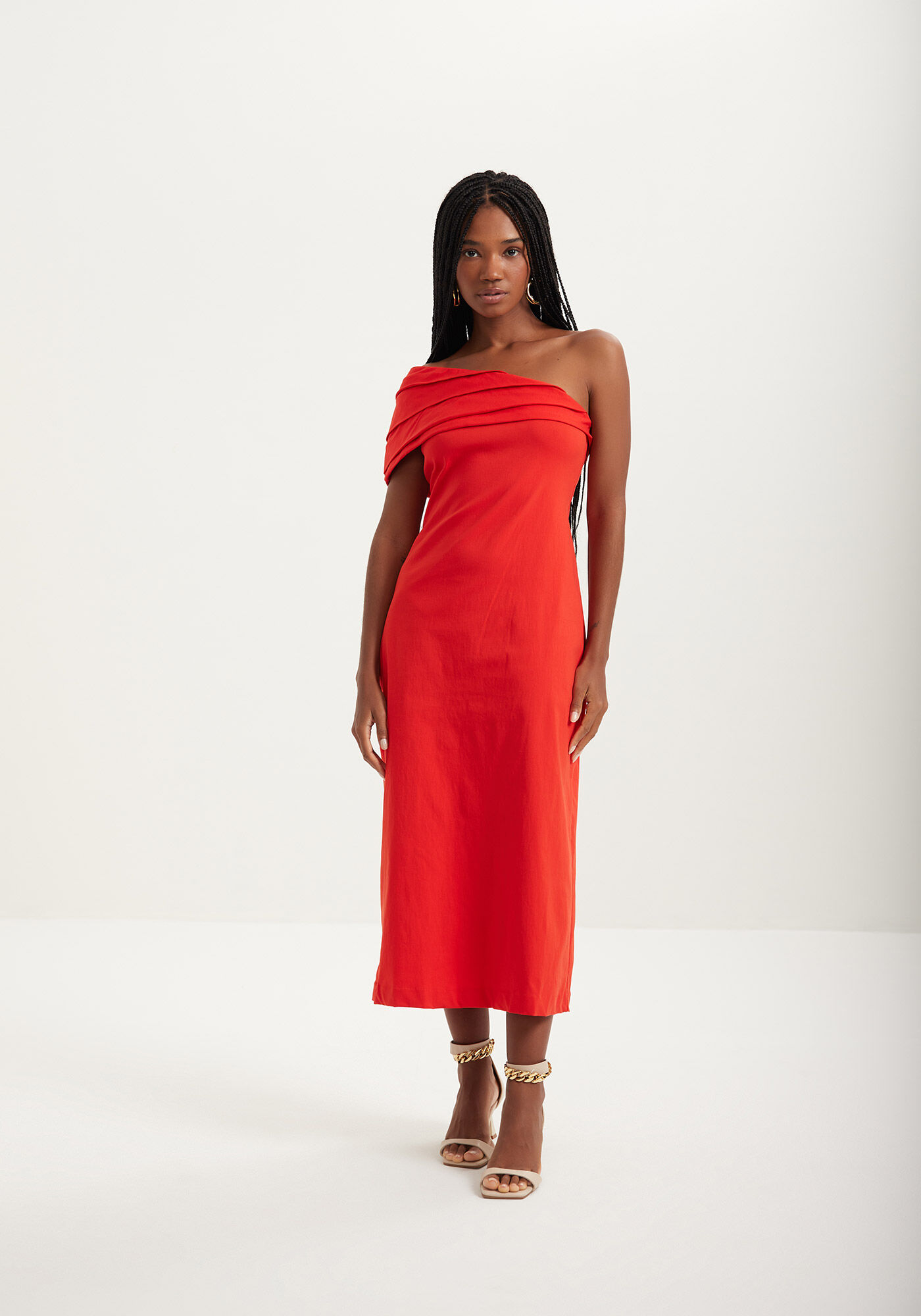 Vestido Midi Ch&aacute; De Um Ombro S&oacute; Em Bengaline Com Fenda, , large.