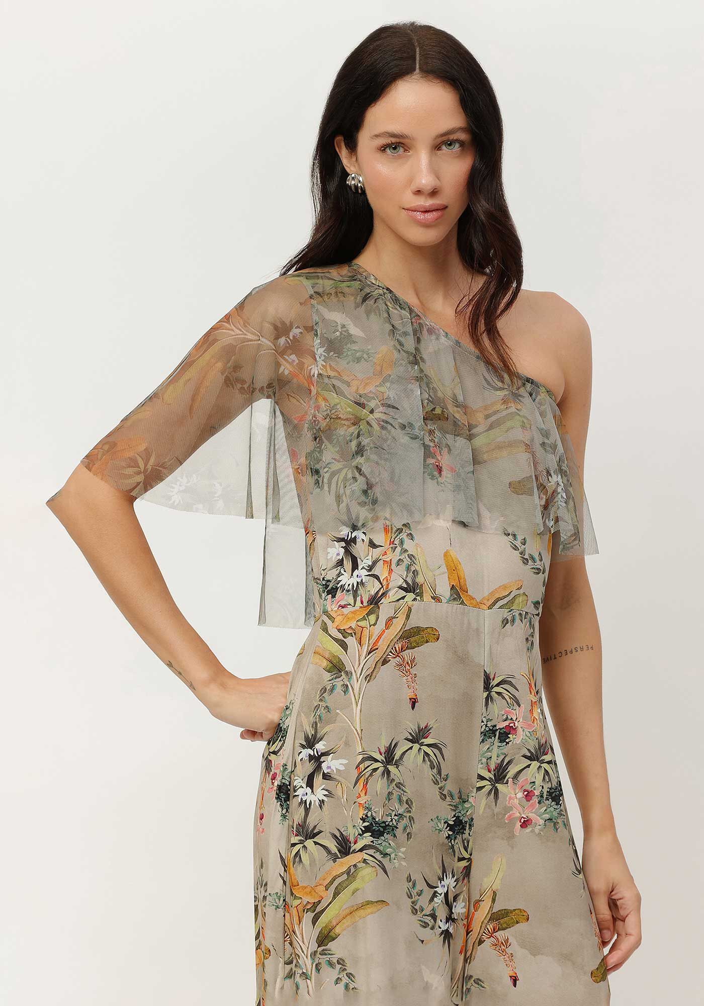 Macac&atilde;o Midi Ombro S&oacute; Estampado com Tule, , large.