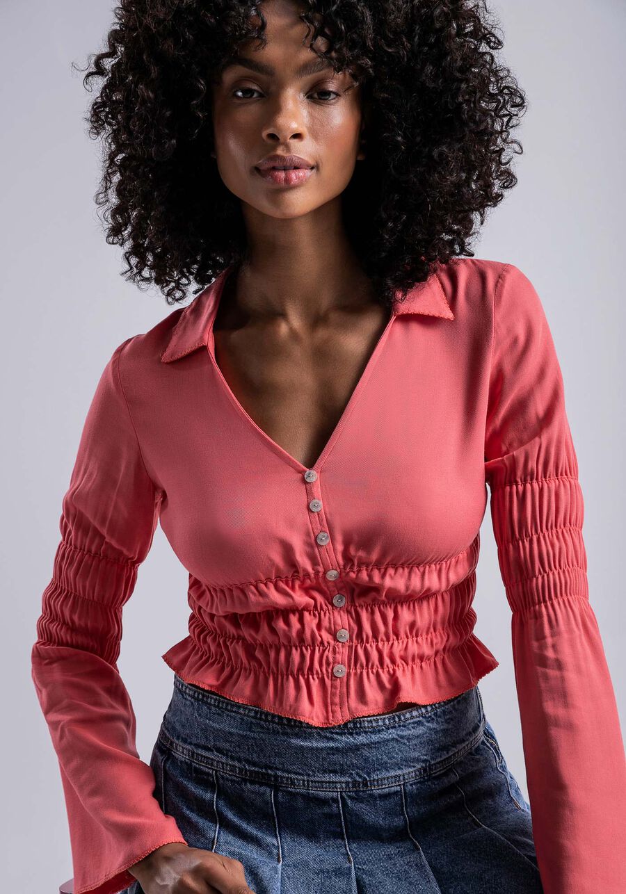 Blusa Manga Longa em Viscose com Franzidos, . Blusa Manga Longa em Viscose com Franzidos, , large.