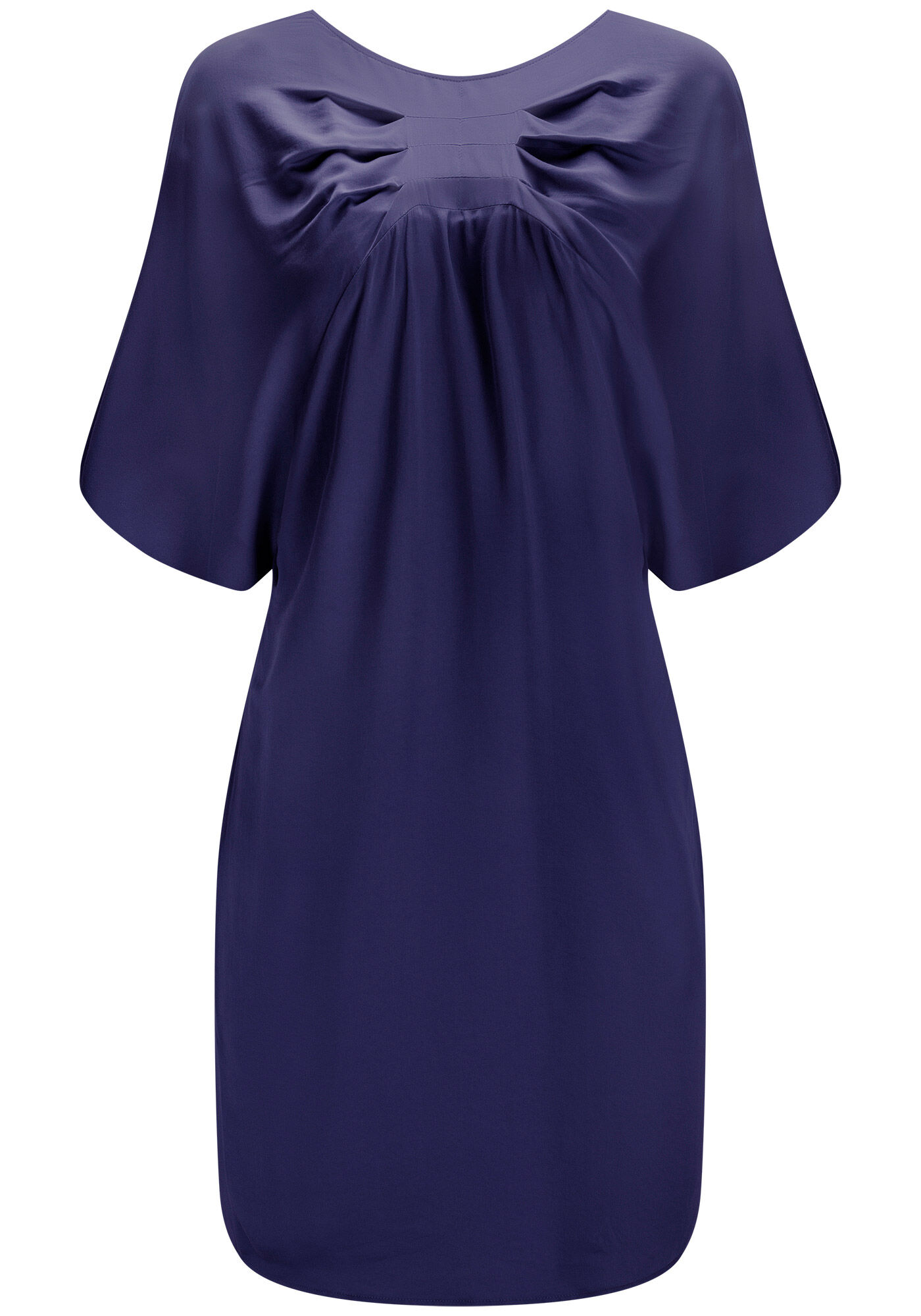 Vestido Curto Manga Curta com Pregas Decote, , large.