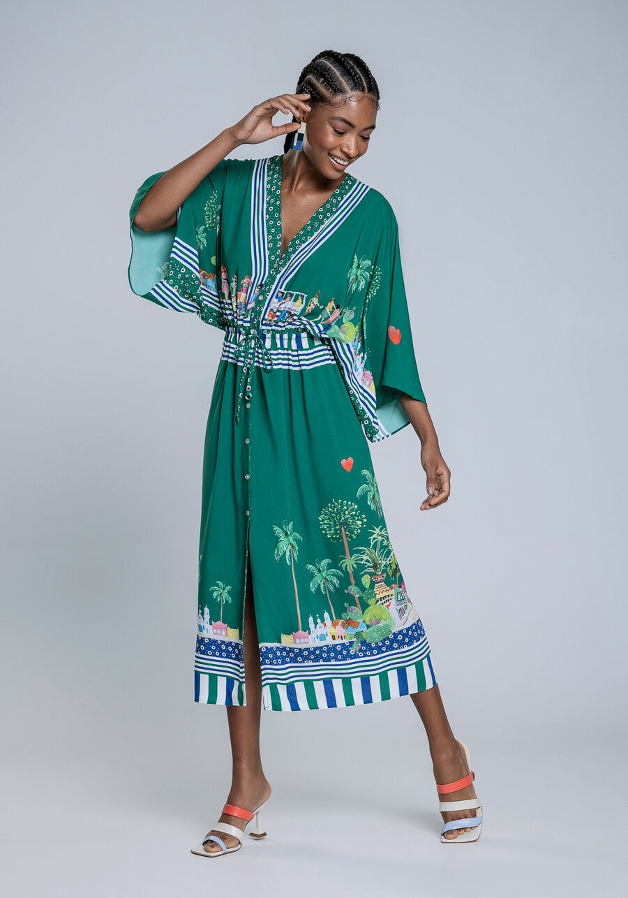 Vestido Mangas 3/4 Midi em Viscose Amplo, FESTA DE RUA. Vestido Mangas 3/4 Midi em Viscose Amplo, FESTA DE RUA, large.