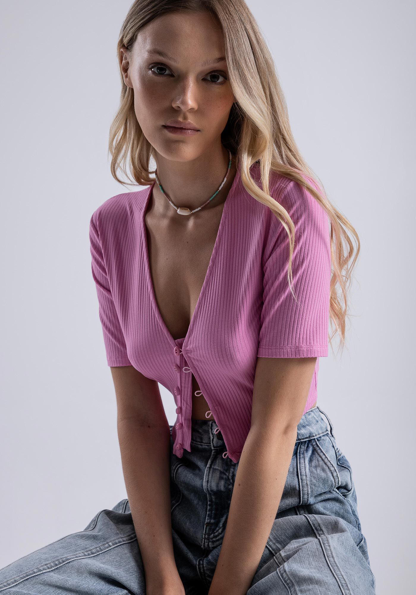 Blusa Cropped Canelada com Bot&otilde;es, , large.