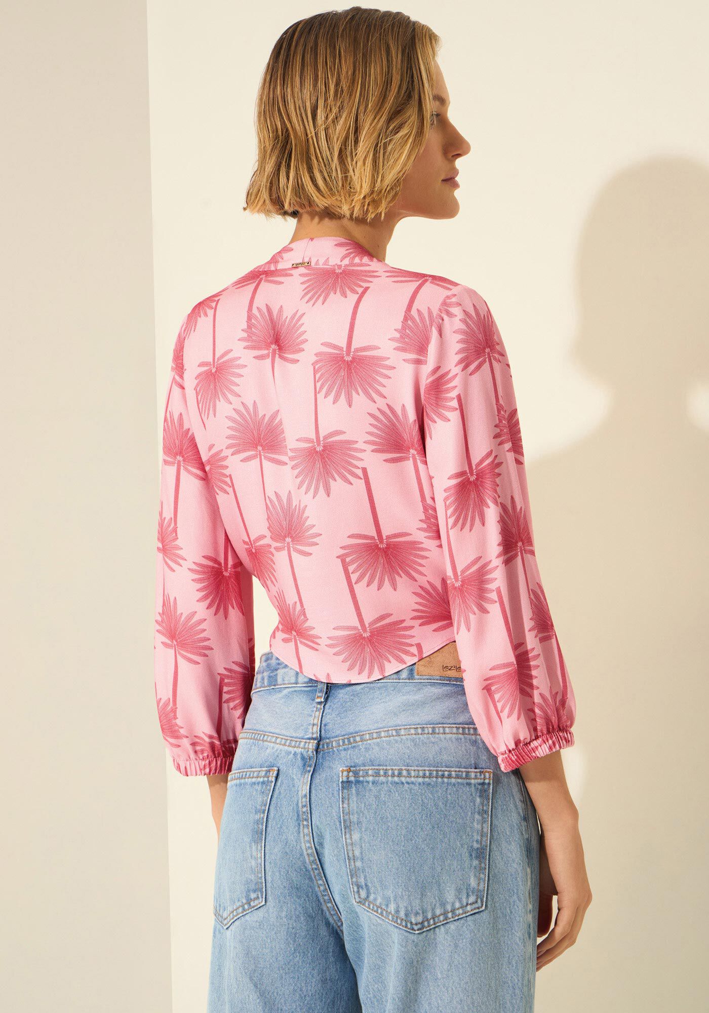 Blusa Estampada Com Mangas 3/4 E Amarra&ccedil;&atilde;o, PIACAVA ROSA, large.