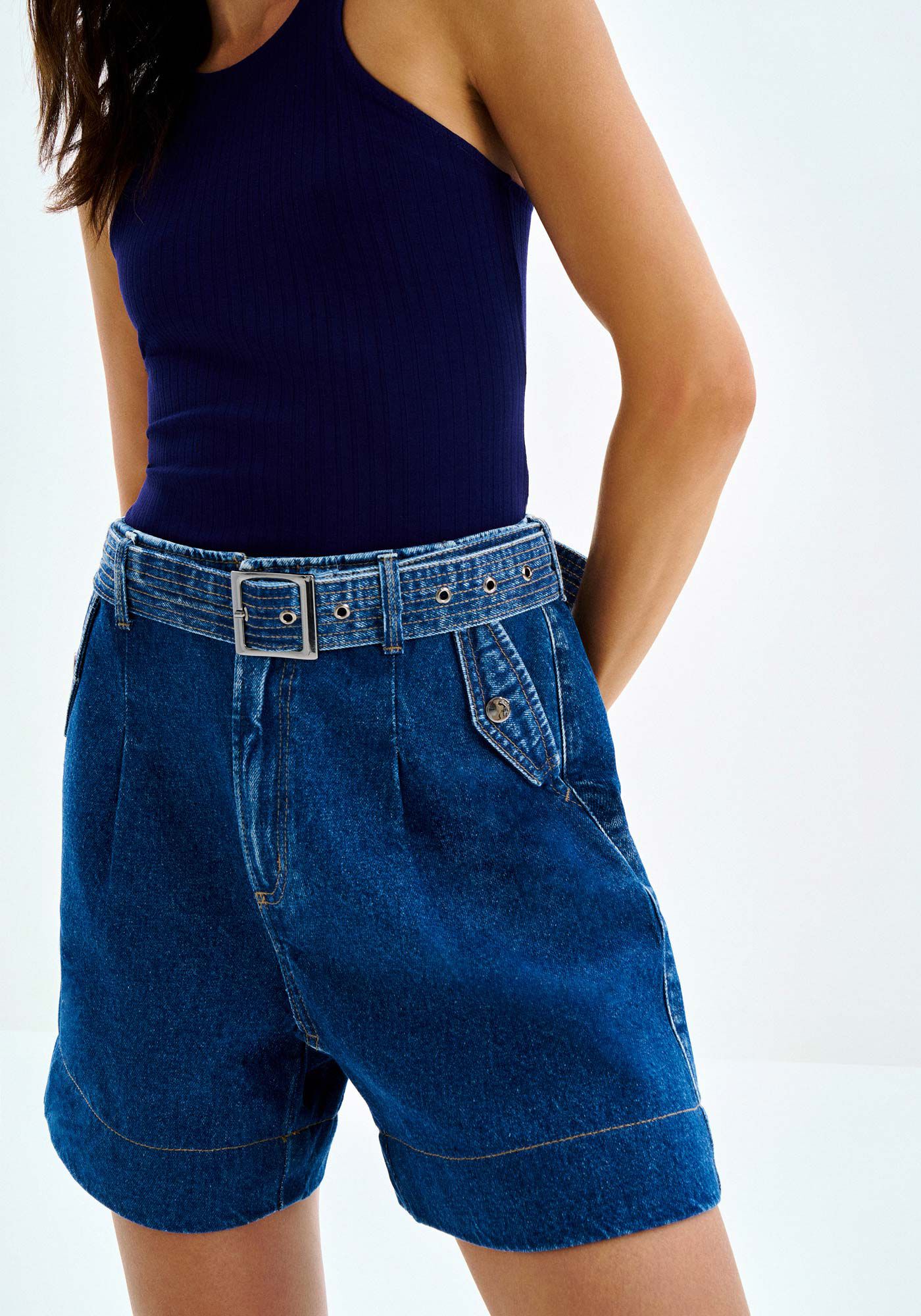 Shorts Jeans Baggy Alfaiataria com Cinto, , large.