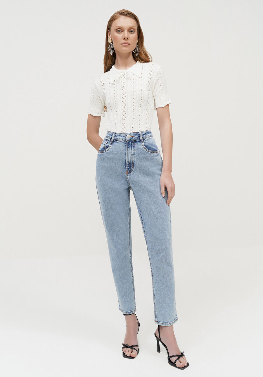 Calça Jeans Mom Comfort Cropped com Elasticidade, JEANS. Calça Jeans Mom Comfort Cropped com Elasticidade, JEANS, large.