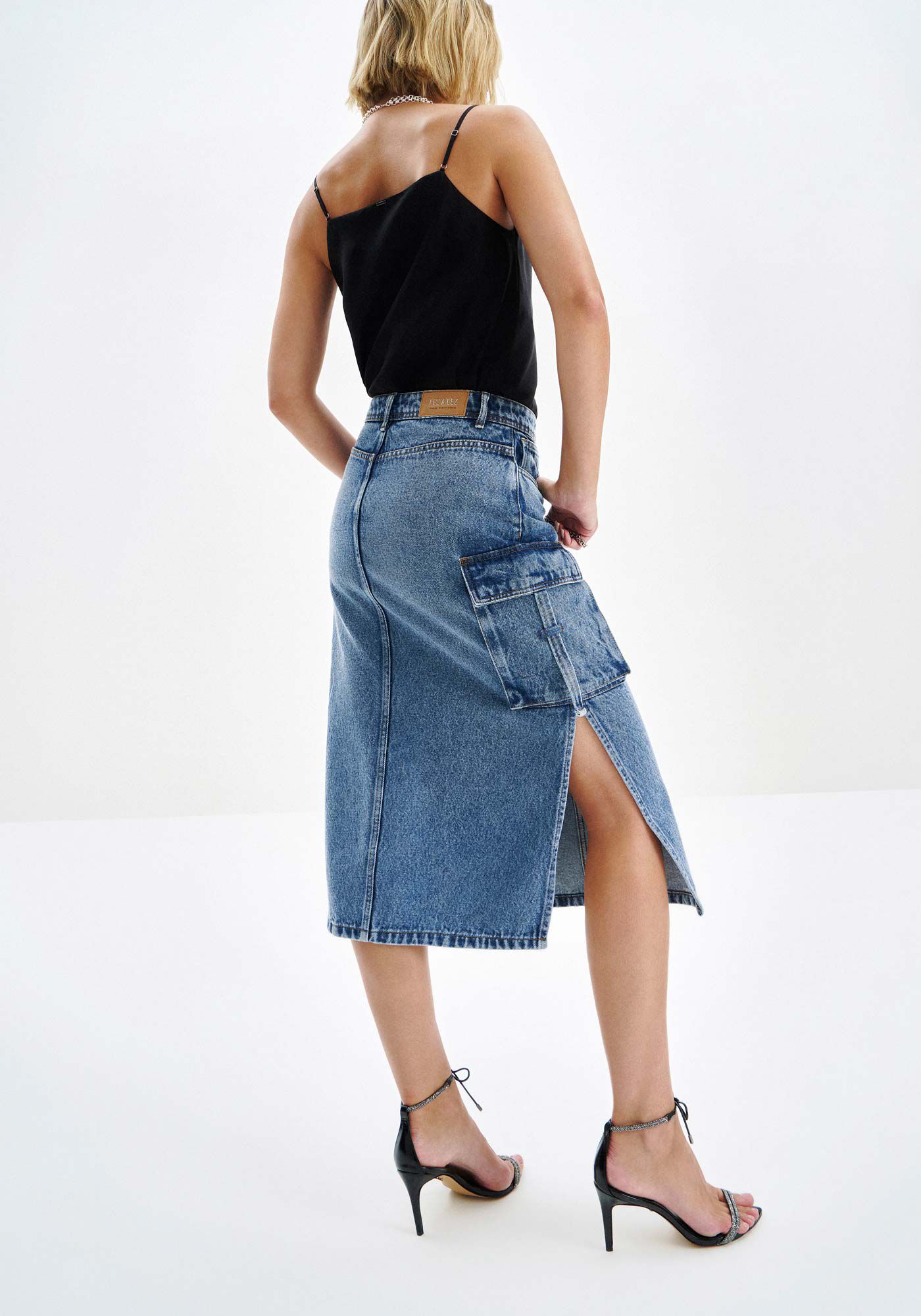 Saia Jeans Midi com Bolsos Cargo, , large.