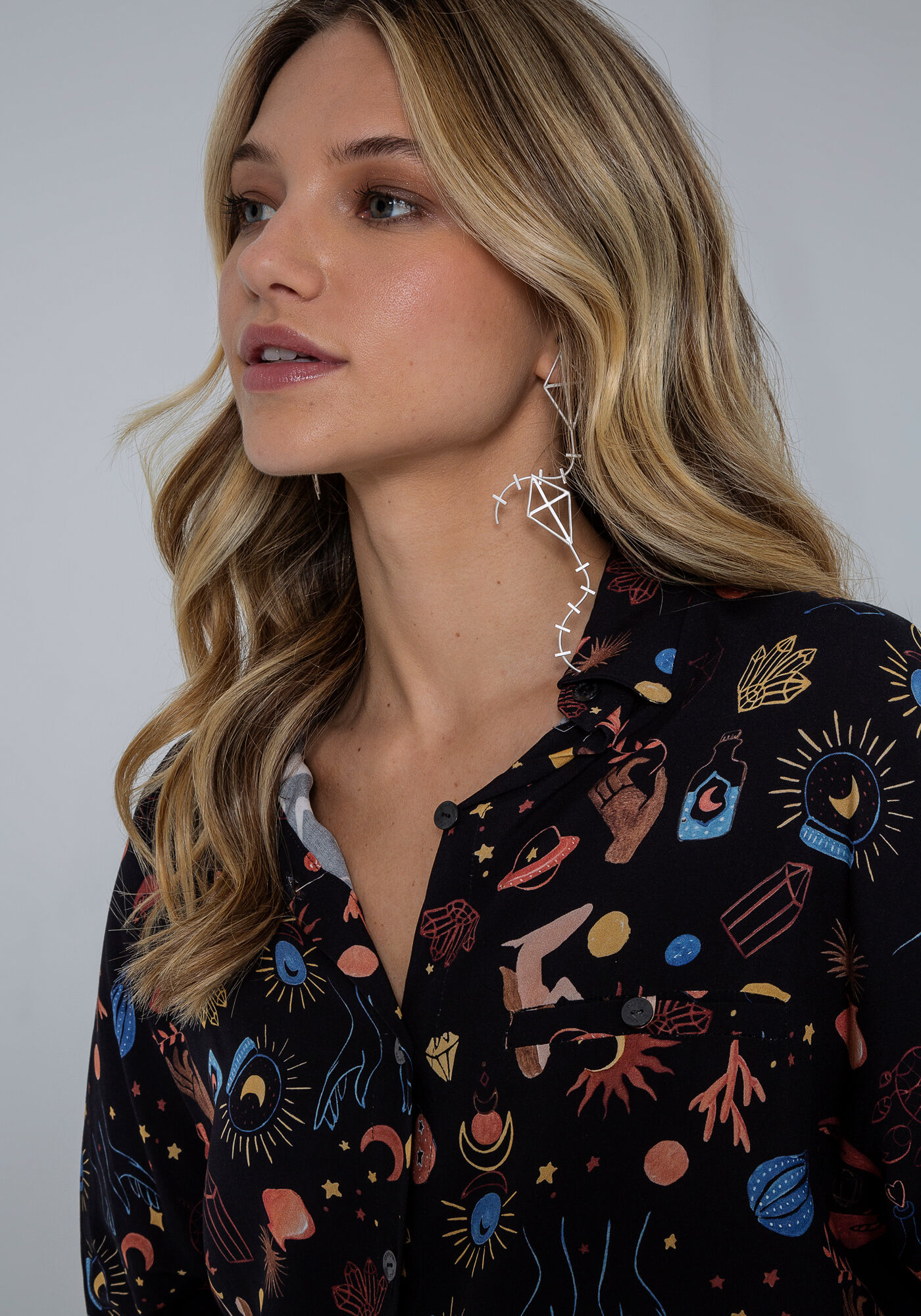 Camisa Manga 3/4 em Viscose Estampada, ENIGMA, large.