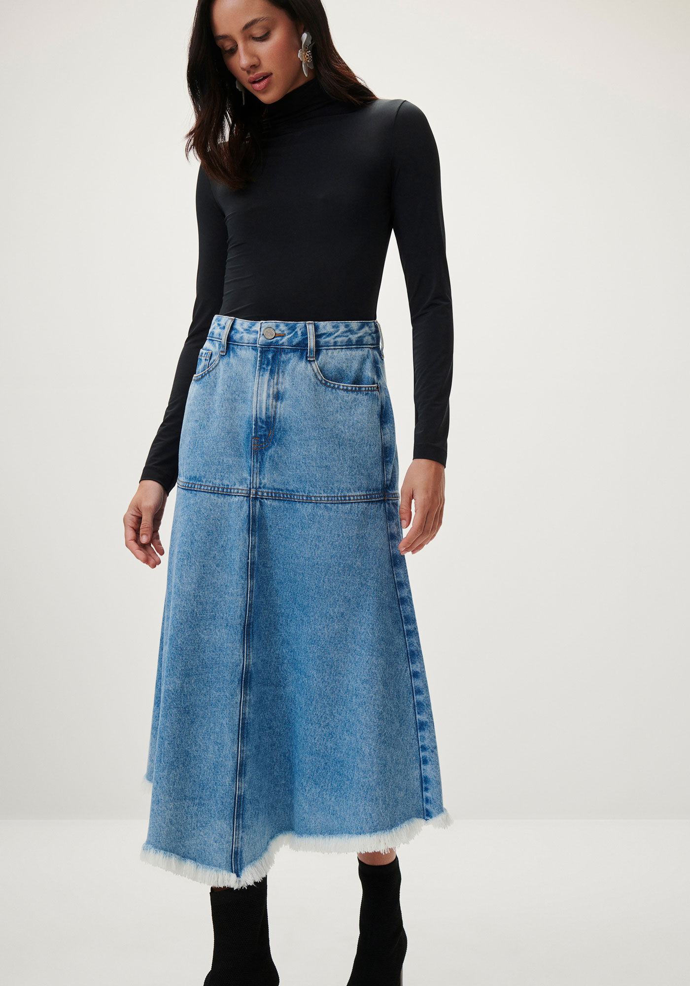 Saia Jeans Midi Cintura Alta com Recorte God&ecirc;, JEANS, large.