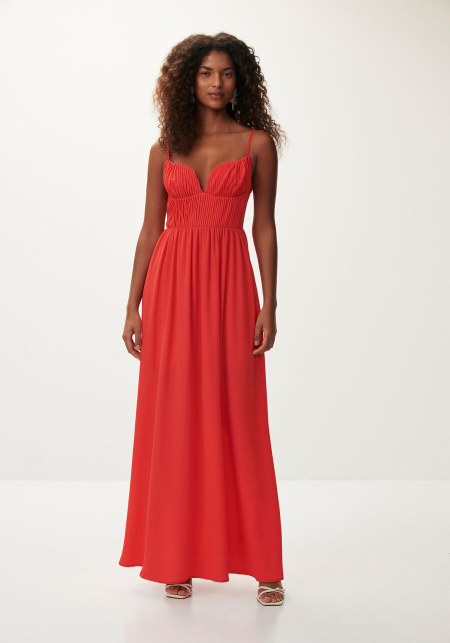 Vestido Longo em Crepe com Plissado Busto, VERMELHO JASPER. Vestido Longo em Crepe com Plissado Busto, VERMELHO JASPER, large.