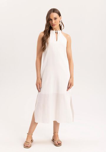 Vestido Midi Reto com Abertura Decote, BRANCO OFF WHITE. Vestido Midi Reto com Abertura Decote, BRANCO OFF WHITE, large.