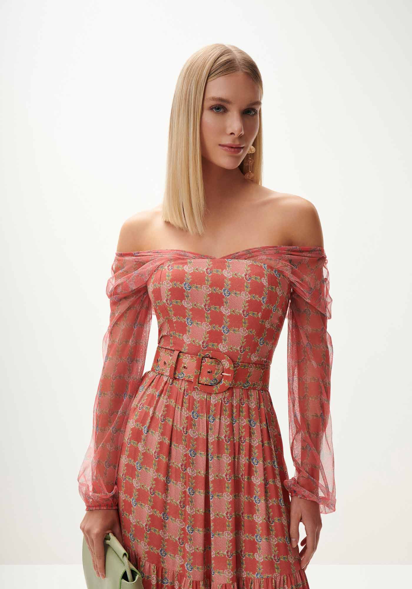 Vestido Midi com Manga em Tule e Cinto, , large.