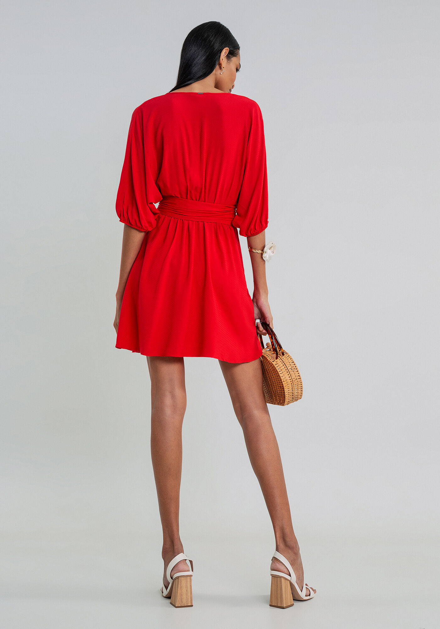 Vestido Curto Manga Ampla Cinto, , large.