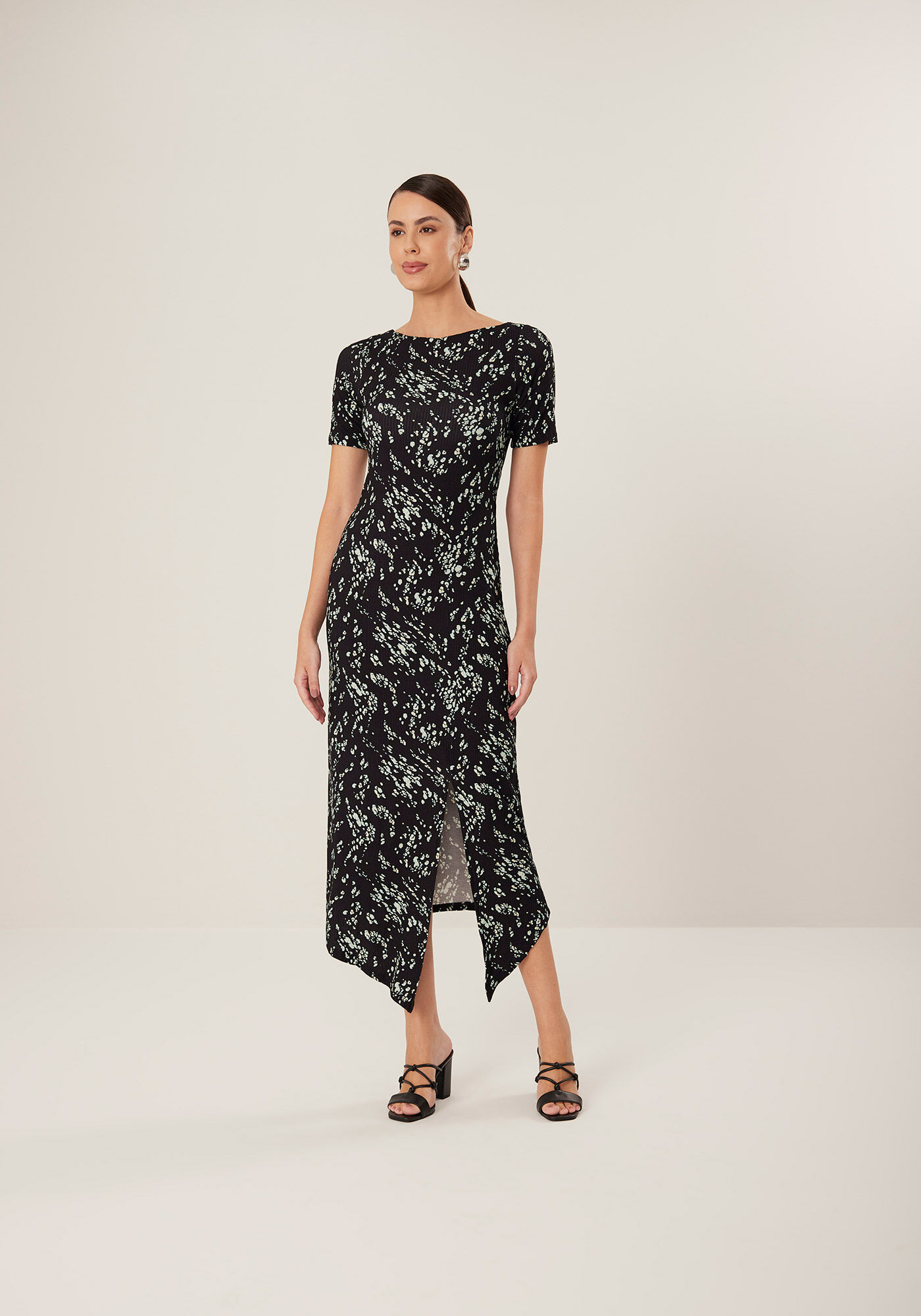 Vestido Midi Ch&aacute; Estampado Assim&eacute;trico Em Malha Canelada, , large.