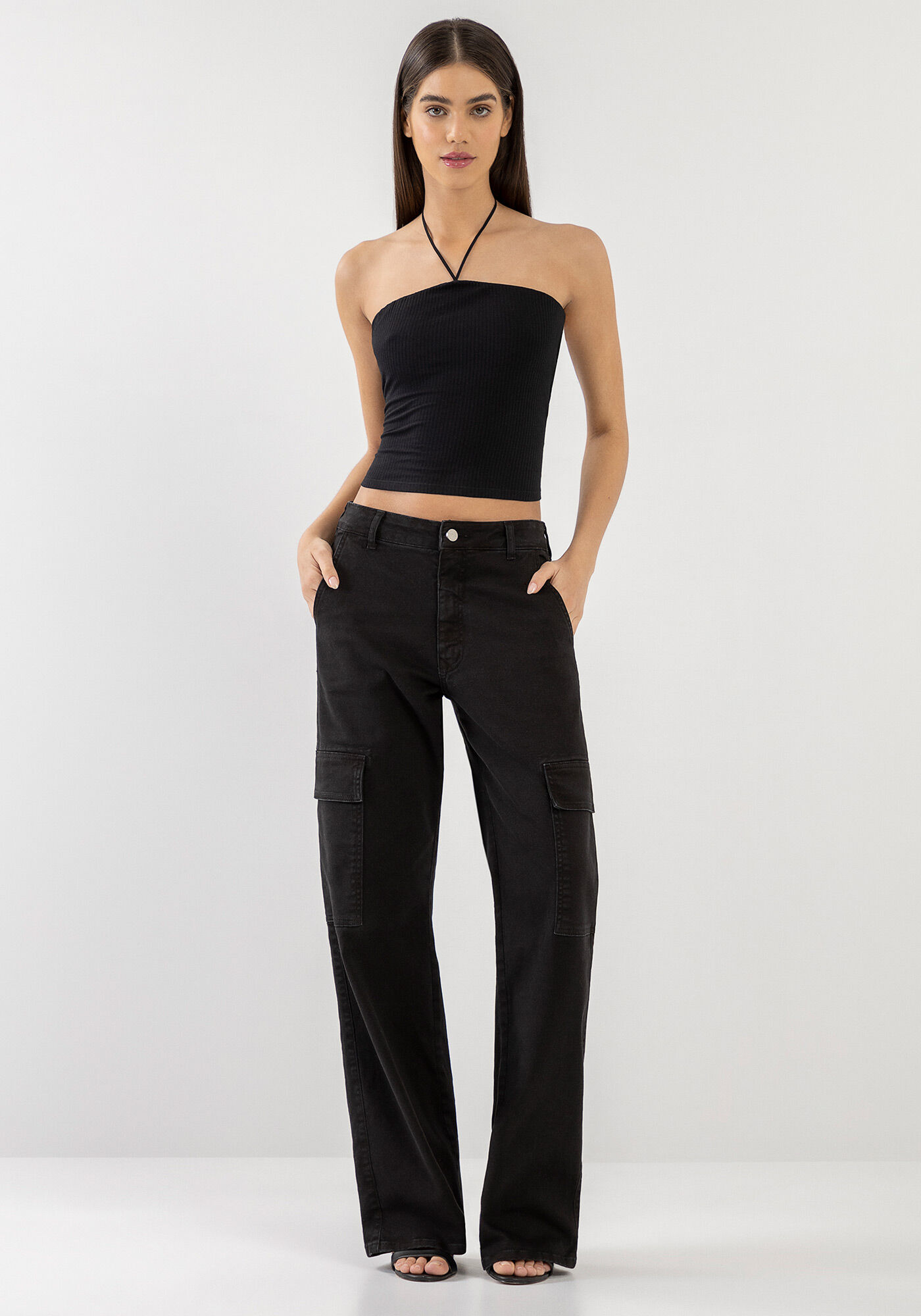 Cal&ccedil;a Sarja Wide Leg Cargo Estonado, PRETO REATIVO, large.