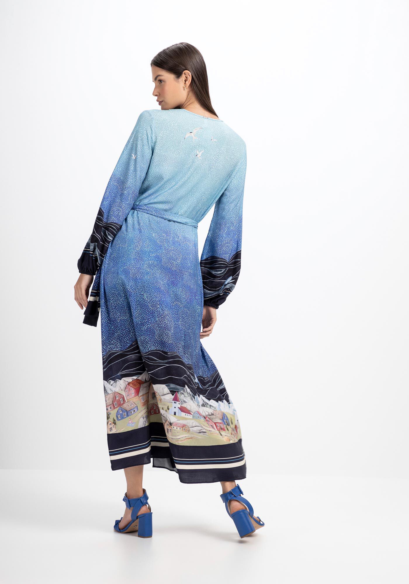 Vestido Midi Manga Longa em Viscose Transpassado, , large.