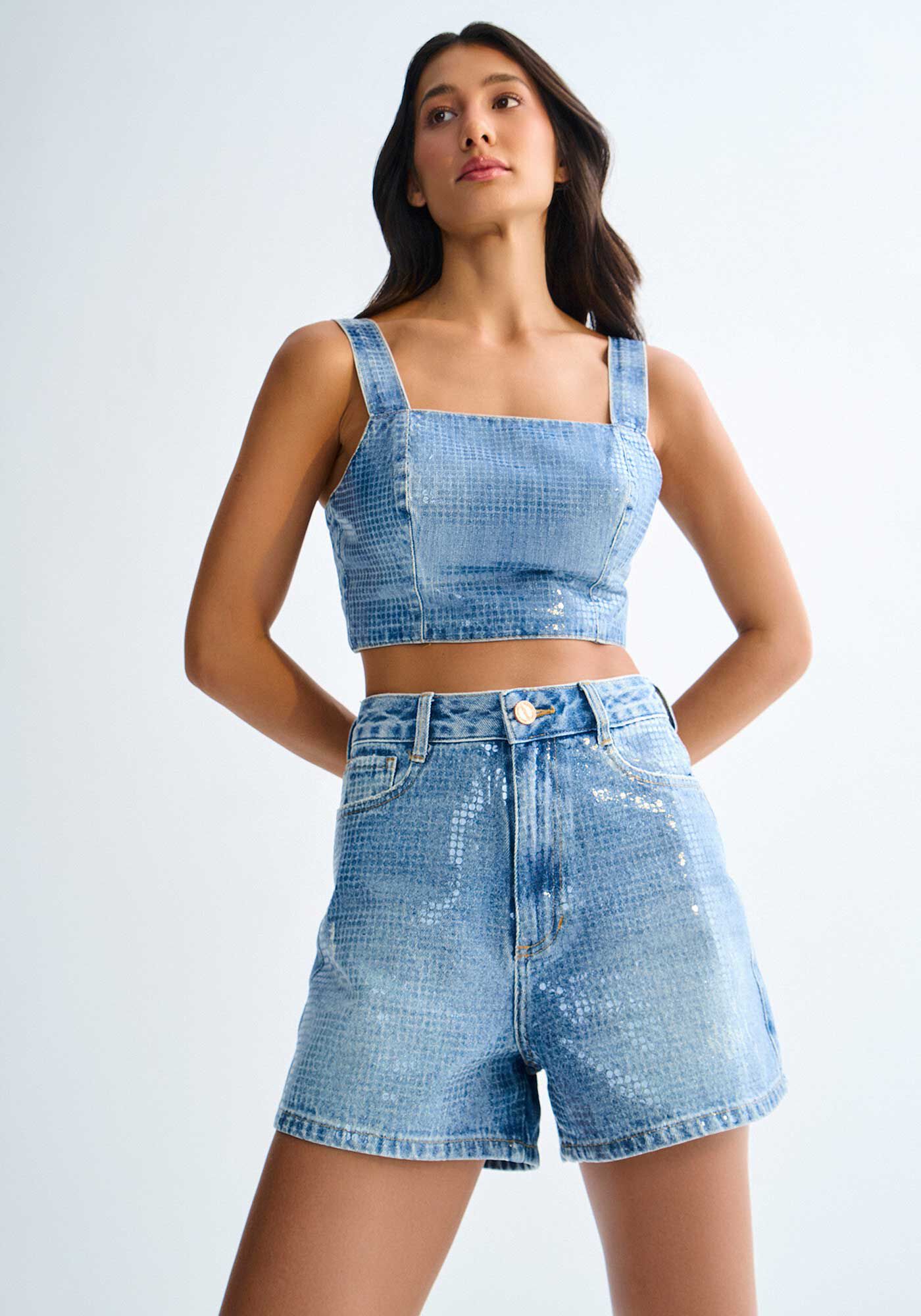 Shorts Jeans Hot Pant Cintura Alta com Pastilha Transparente, , large.