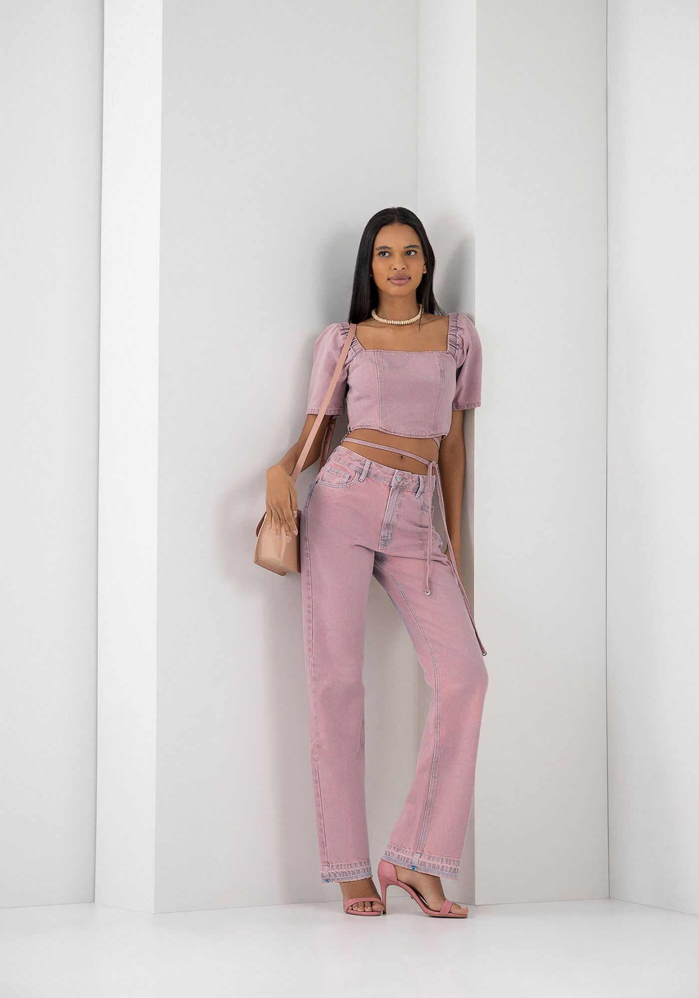 Blusa Jeans Cropped Estonada com Amarra&ccedil;&atilde;o, , large.