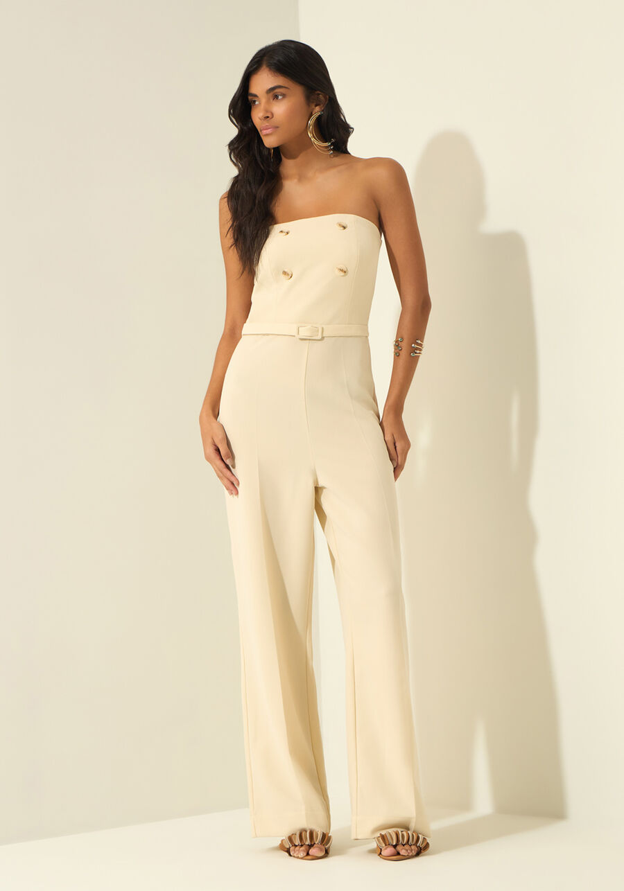 Macacão Longo Sem Alças Com Botões E Cinto, BEGE FAIRWAY. Macacão Longo Sem Alças Com Botões E Cinto, BEGE FAIRWAY, large.