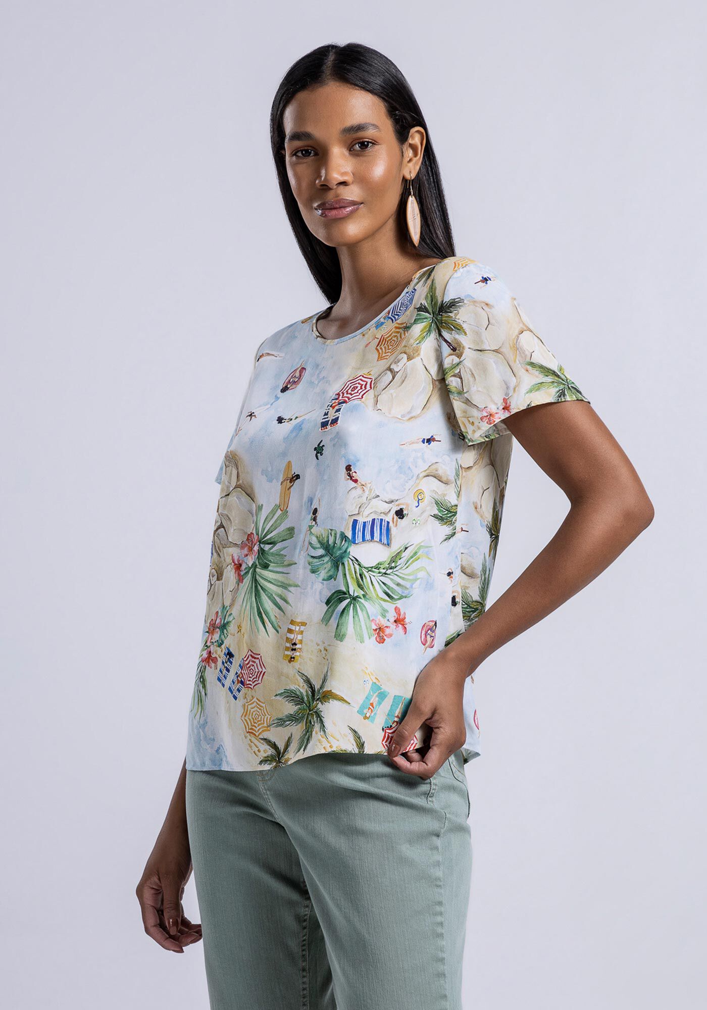 Blusa Manga Curta em Viscose Estampada, , large.