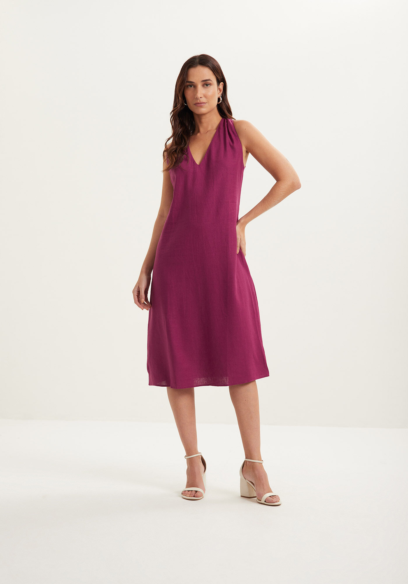 Vestido Midi Com Decote V Em Linho E Viscose, , large.