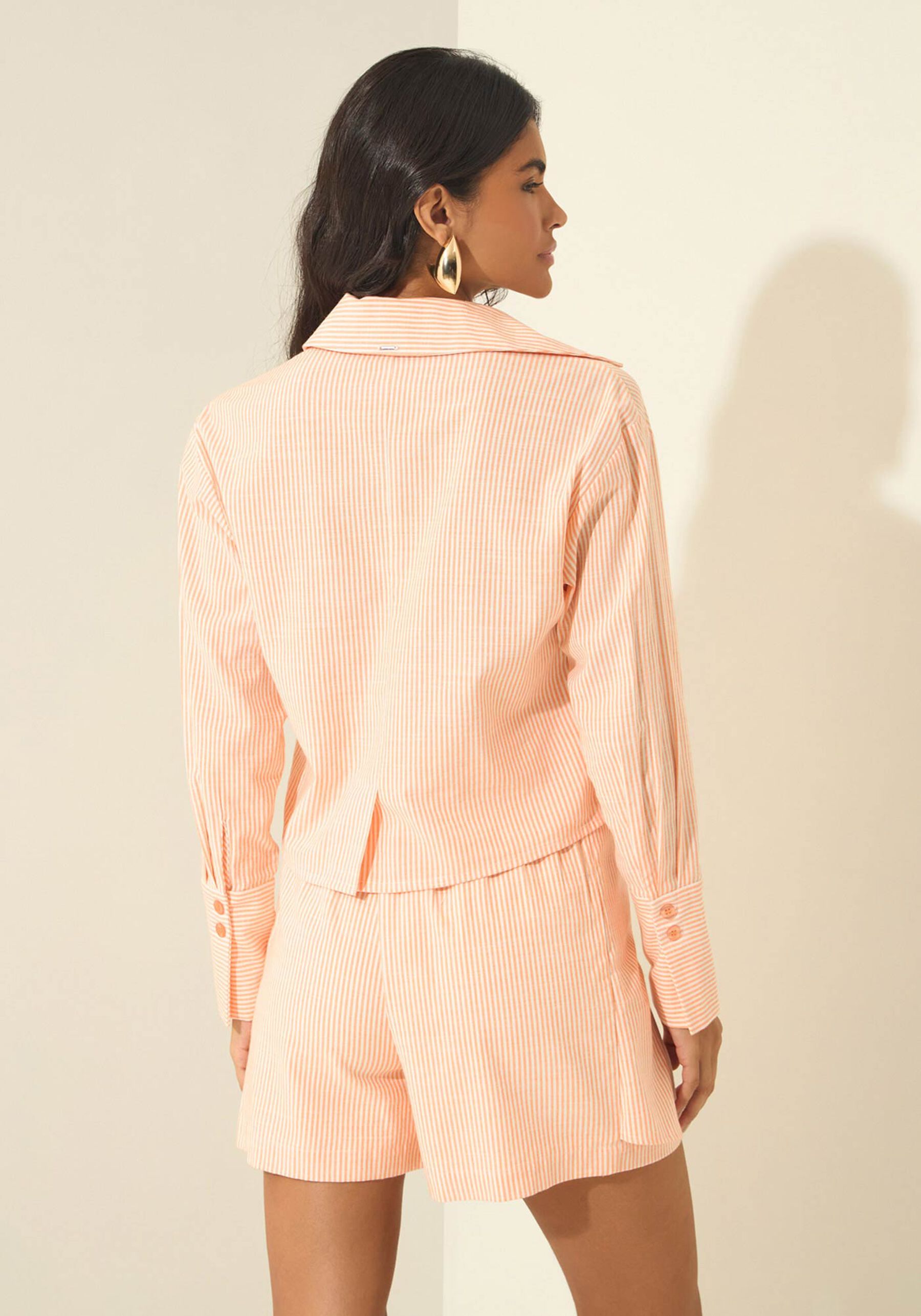 Camisa De Mangas Longas Em Tecido Listrado, LARANJA SUMMERTIME. Camisa De Mangas Longas Em Tecido Listrado, LARANJA SUMMERTIME, large.