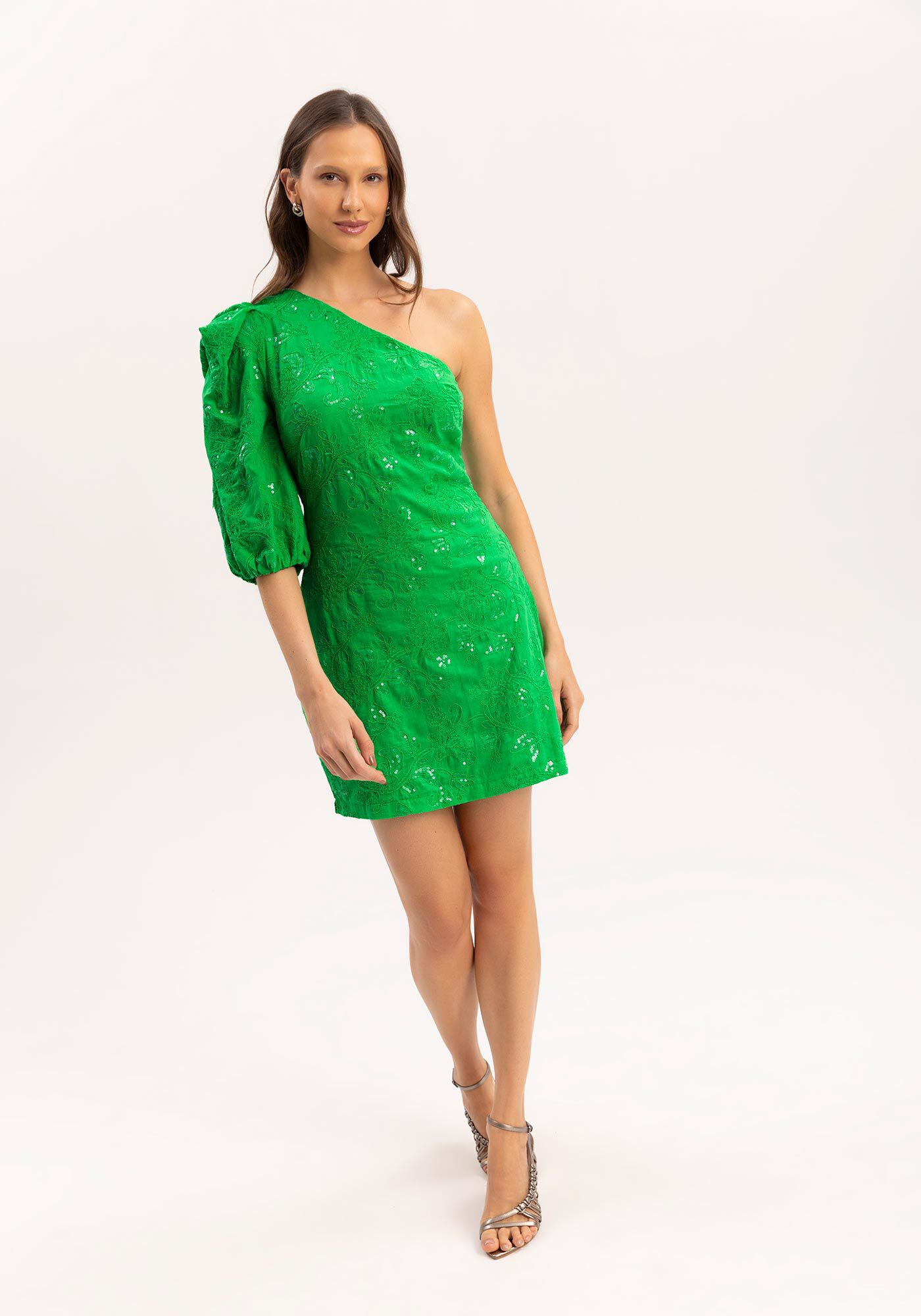 Vestido Curto Um Ombro S&oacute; em Tecido Bordado Paet&ecirc;s, , large.