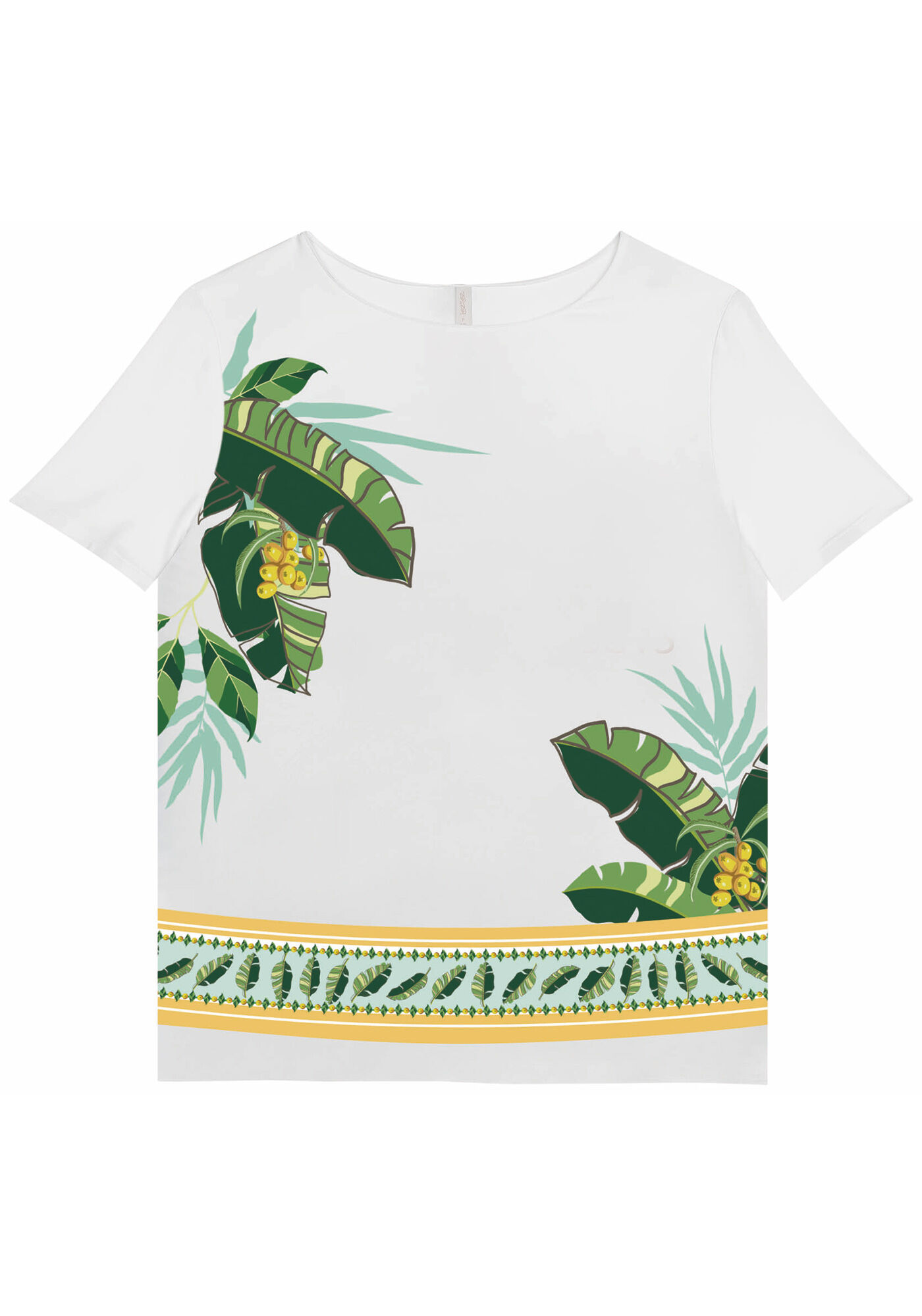 Blusa Manga Curta Estampada com Decote Redondo, TROPIKAL, large.