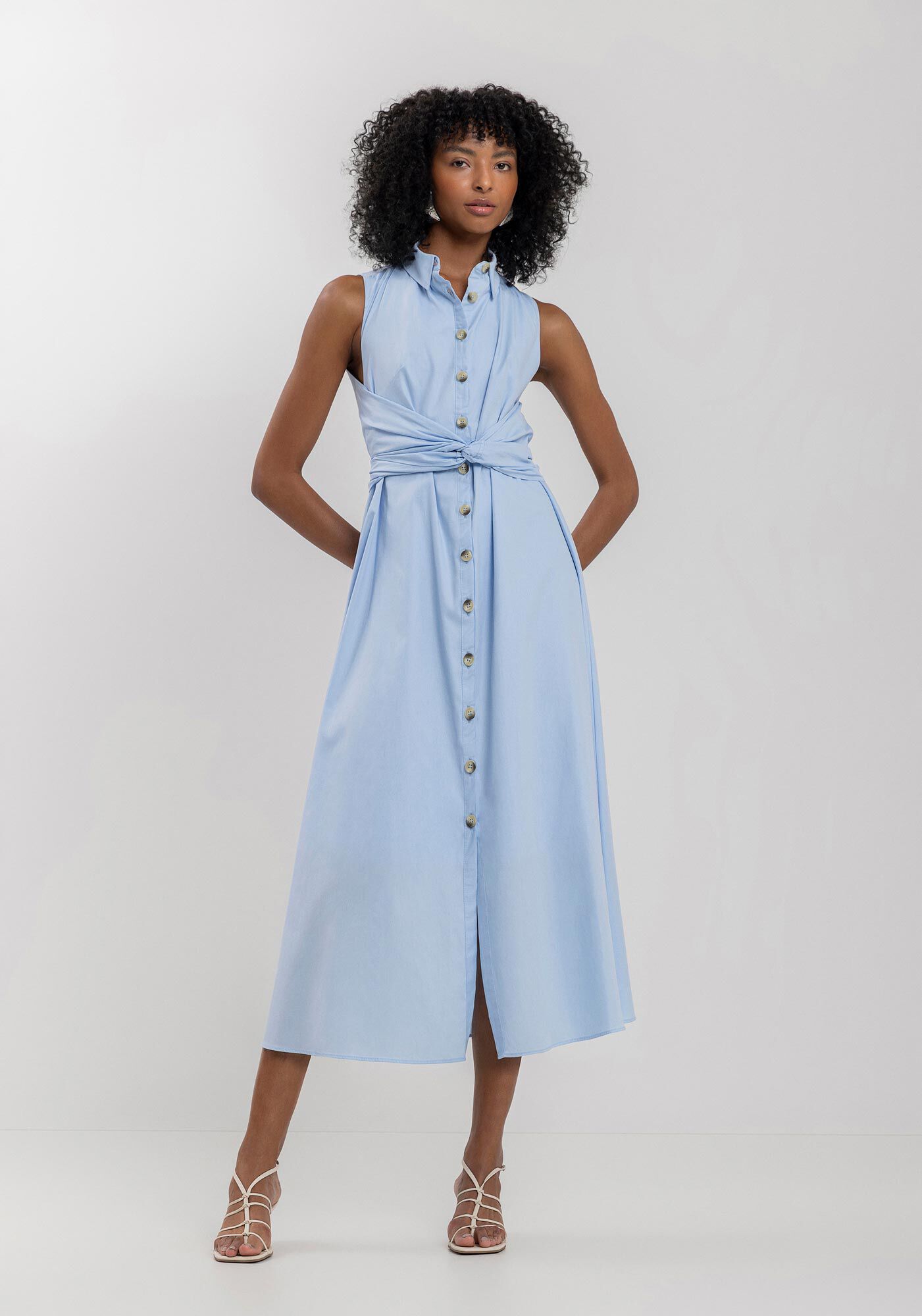 Vestido Midi Ch&aacute; Em Algod&atilde;o Respons&aacute;vel Com Amarra&ccedil;&atilde;o, AZUL EXPRIM, large.