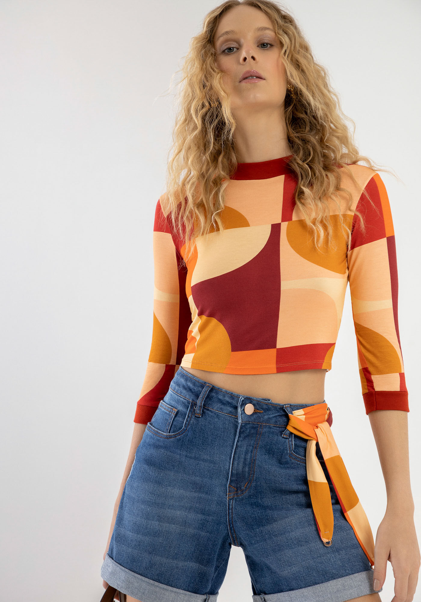 Blusa Cropped Estampada com Manga 3/4, , large.