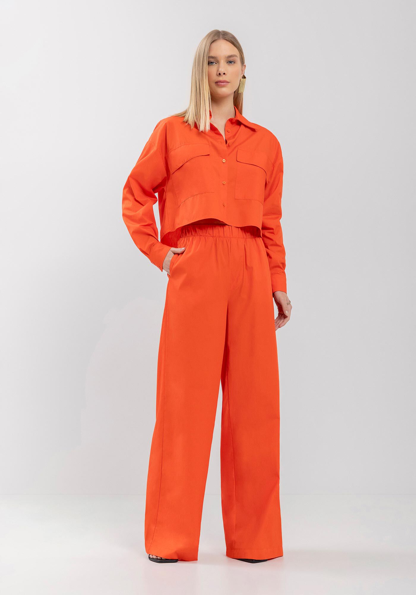 Cal&ccedil;a Pantalona Em Tricoline Com Cintura M&eacute;dia E Bolsos, LARANJA TOMILHO, large.